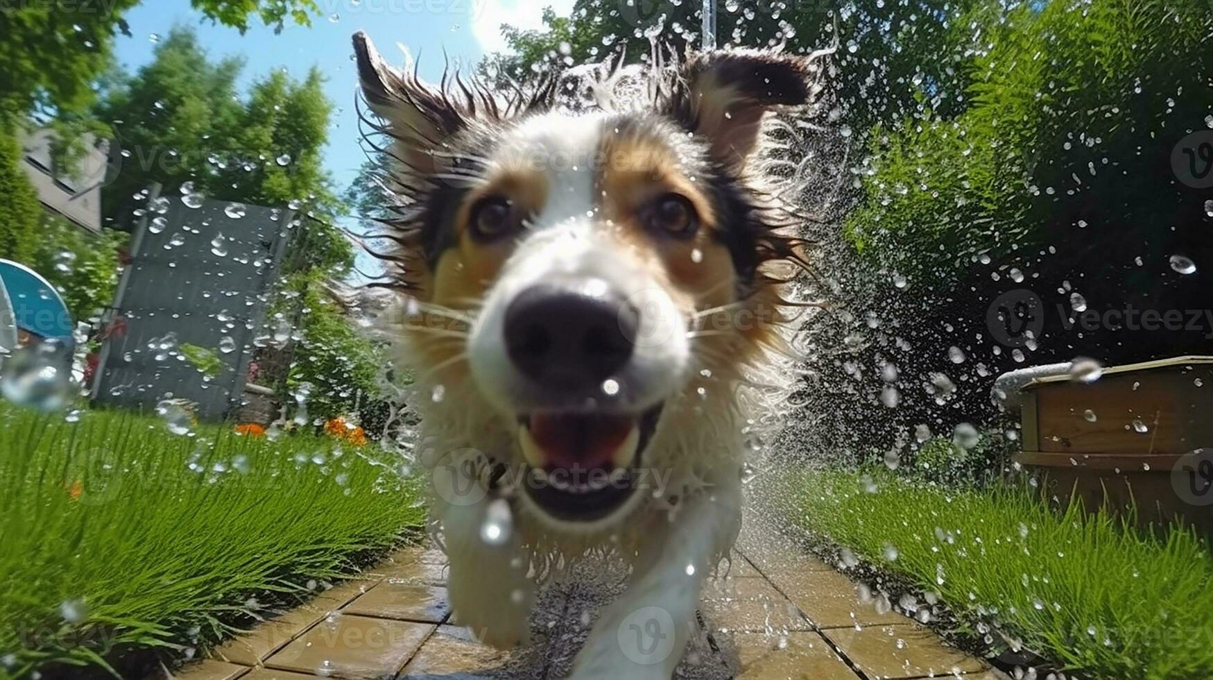 ai generativo do uma alegre molhado cachorro, espirrando dentro água, olhos brilhando com felicidade, pele encharcado e brilhante debaixo a sol, rabo abanando dentro puro prazer. foto