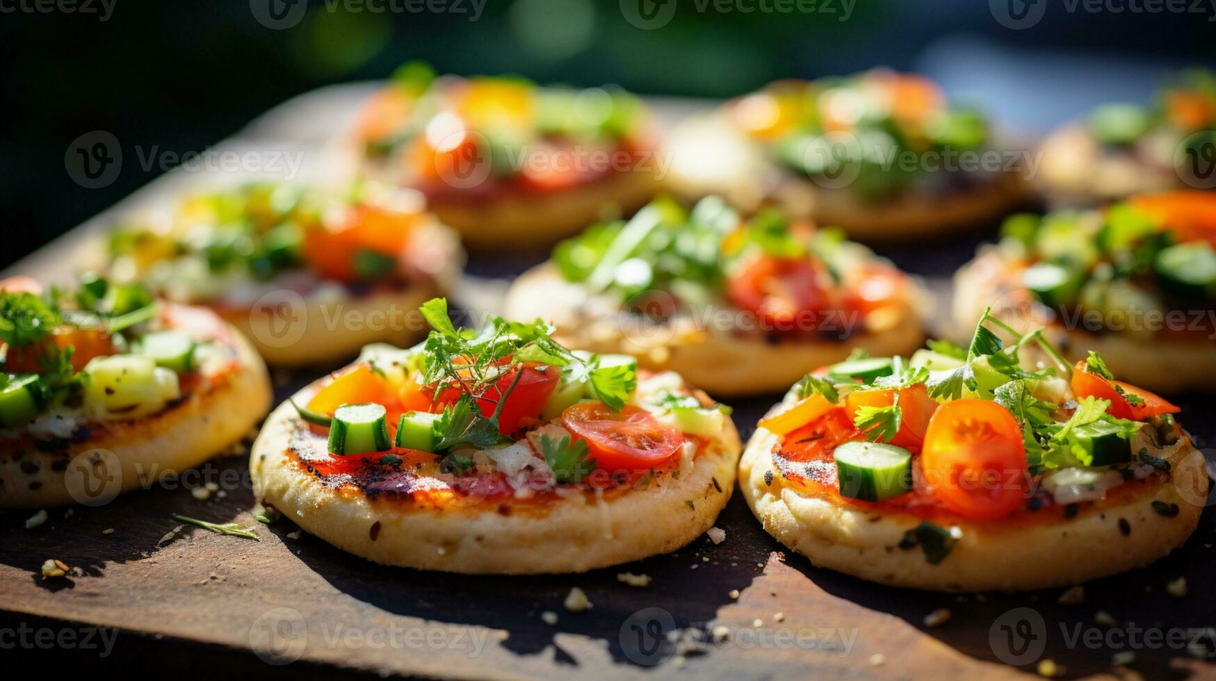 ai generativo do uma delicioso Inglês bolinho pizza, torrado bolinho metades coberto com rico tomate molho, derretido queijo, e seu favorito coberturas, uma mini, brega prazer. foto