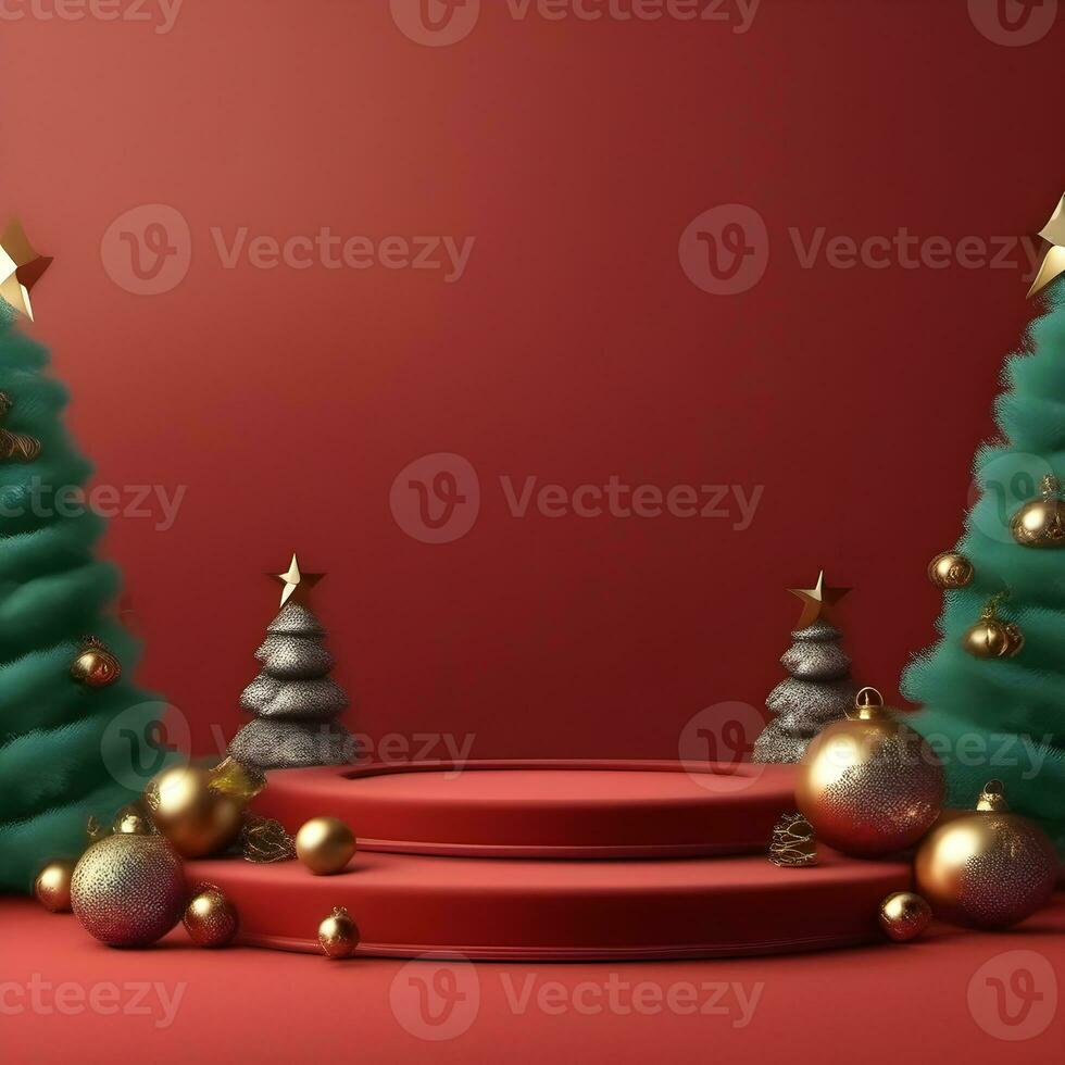 natal-textura vermelha-e-pódio-em-e-bolas-douradas-árvore-verde-pódio-dourado-três-pódio-pequeno em dezembro foto