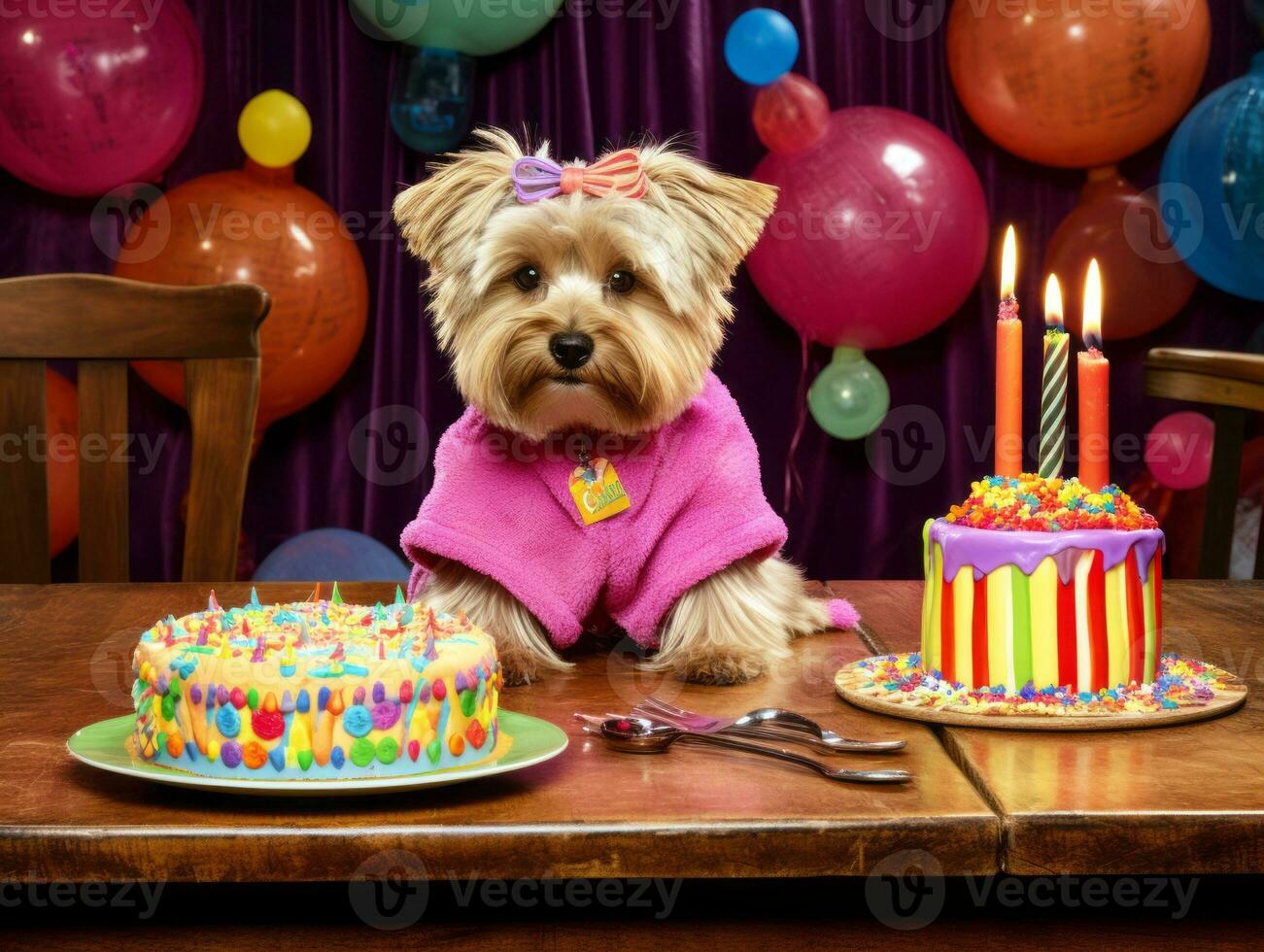 adorável cachorro posando com uma aniversário bolo às uma celebração ai generativo foto