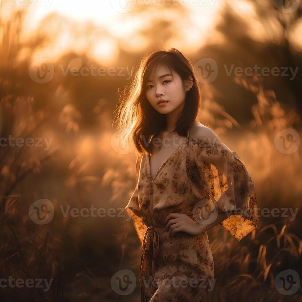 retrato do a ásia mulher dentro dourado elegante roupas contra a fundo do a configuração sol, natural foto dentro a campo, ,macio luz, , ai gerado arte