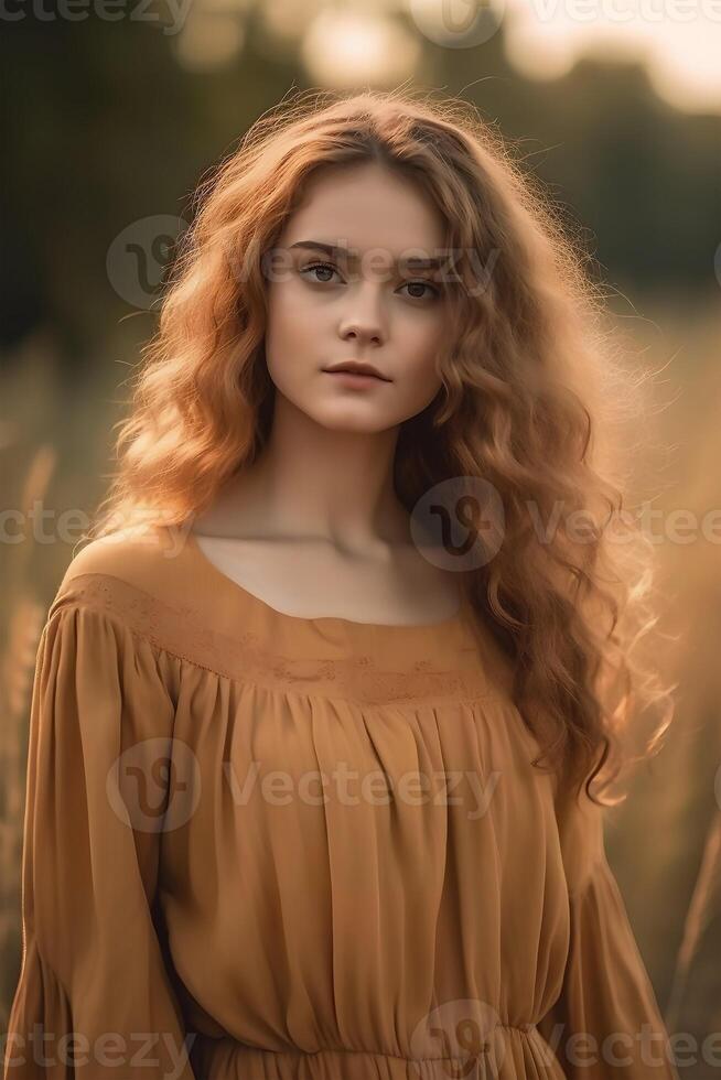 retrato do uma europeu mulher dentro simples rústico roupas em uma campo fundo, , natural foto, suave luz, ai generativo arte foto