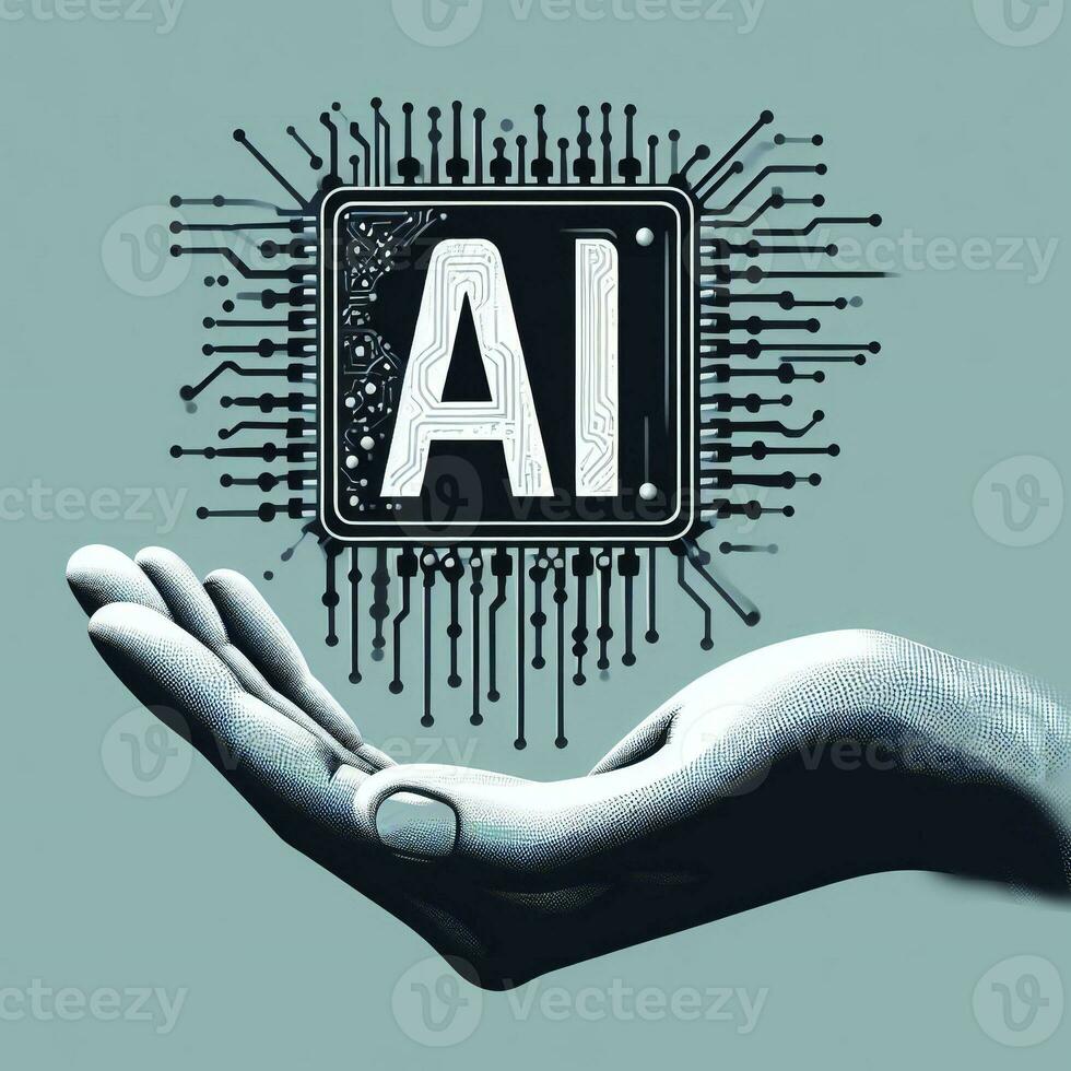 mão segurando ai tipografia para inovação do artificial inteligência tecnologia ai generativo foto
