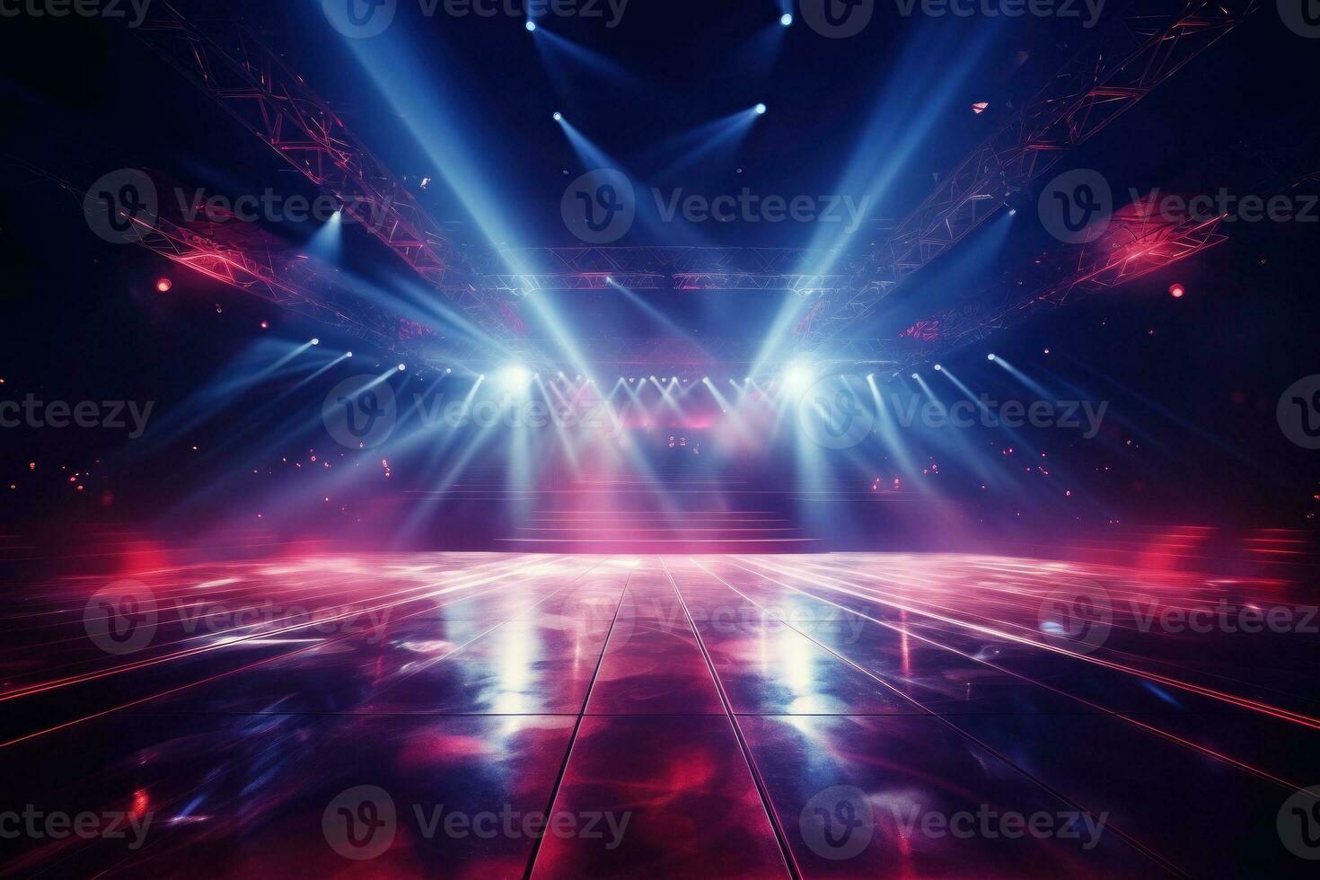 esvaziar show etapa com iluminado néon brilhando holofotes. generativo ai foto
