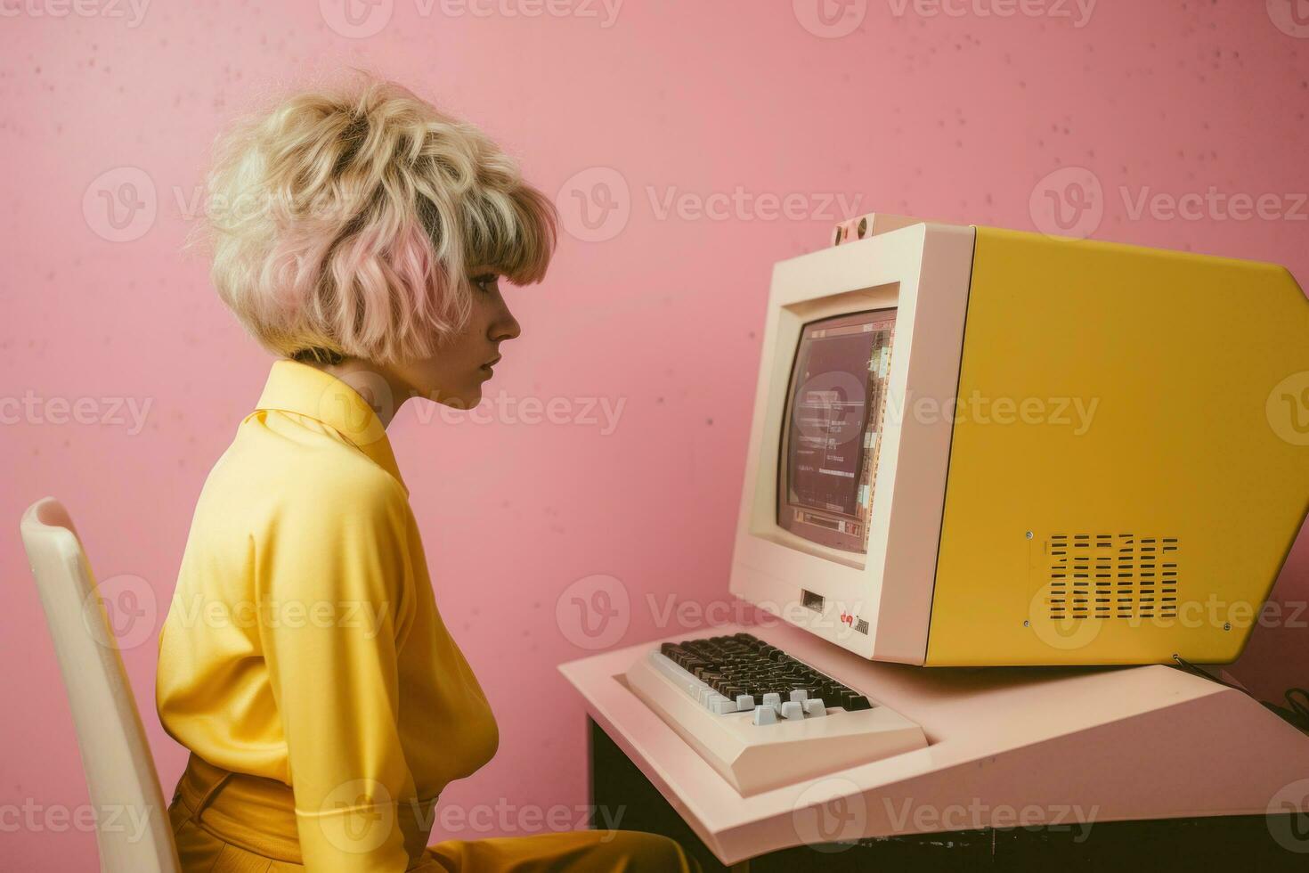 mulher usando vintage computador. generativo ai foto