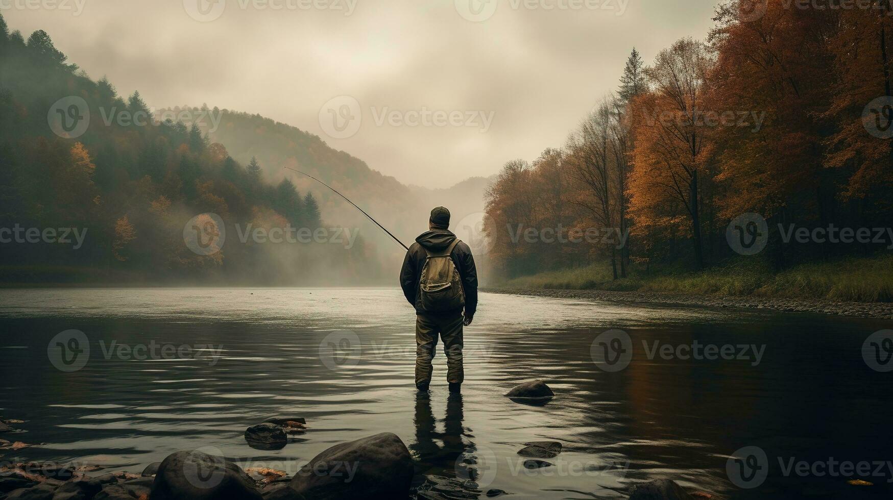 generativo ai, pescaria com varas em outono panorama perto a rio, pescador com fiação, silenciado cores foto