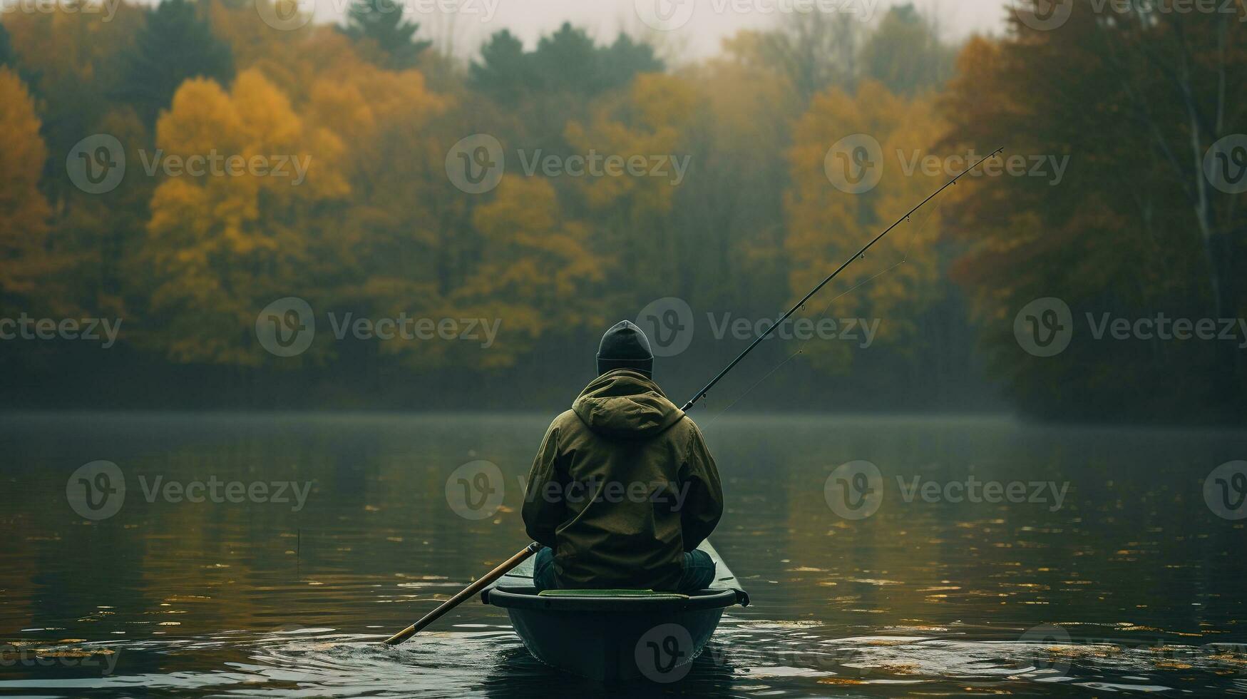 generativo ai, pescaria com varas em outono panorama perto a rio, pescador com fiação, silenciado cores foto