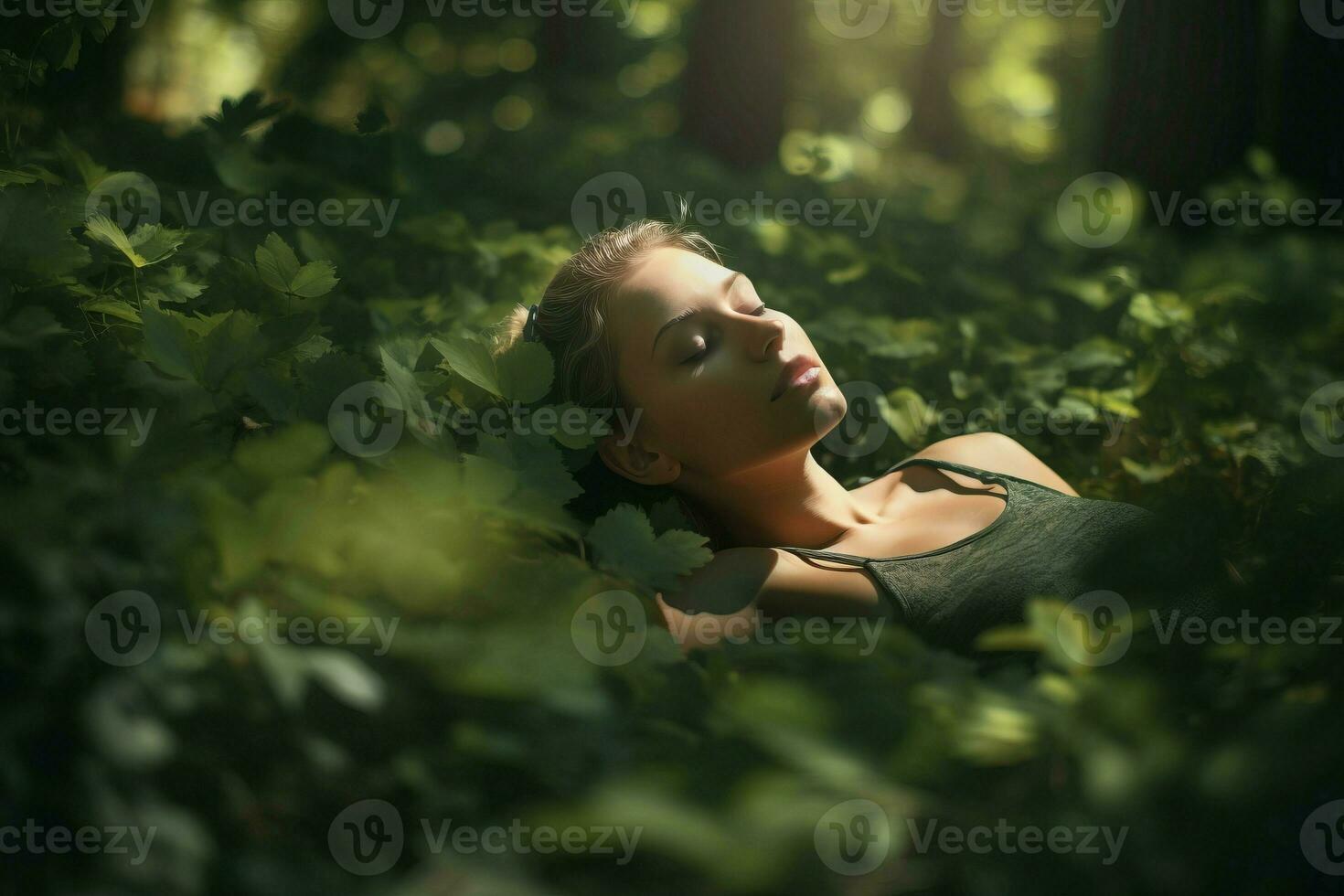 mulher deitado floresta folhas. gerar ai foto