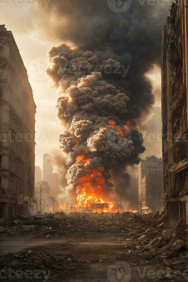 queimando construção dentro a cidade. a conceito do desastres e natural desastres. ai generativo foto