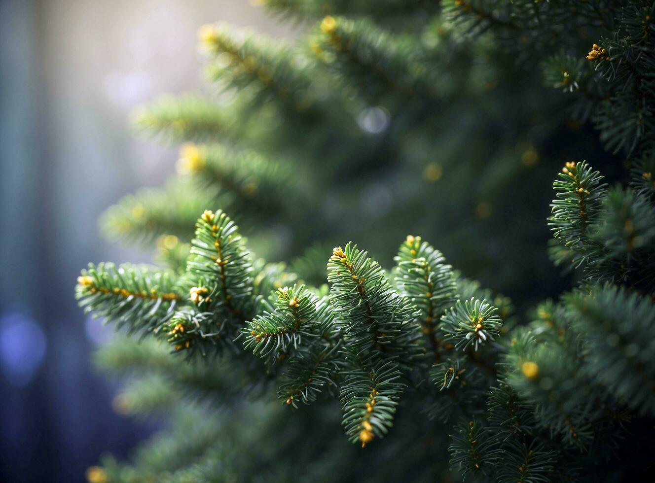 fechar acima do abeto árvore Escovar com luz solar bokeh. raso foco. fofo abeto árvore Escovar fechar acima. Natal papel de parede conceito. cópia de espaço. foto