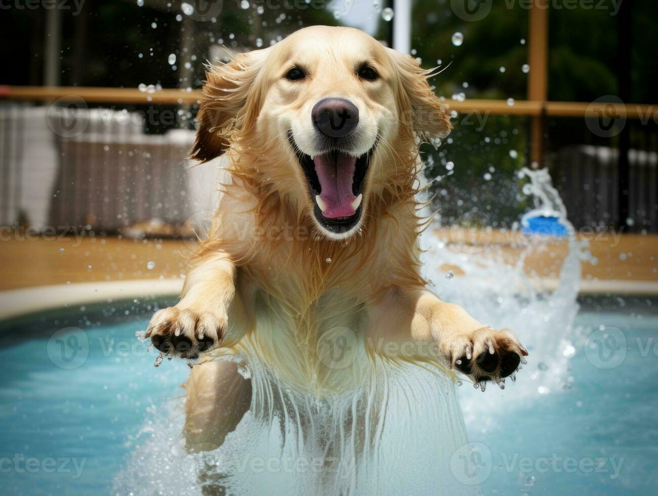 molhado e alegre cachorro saltando para dentro uma piscina em uma quente verão dia ai generativo foto