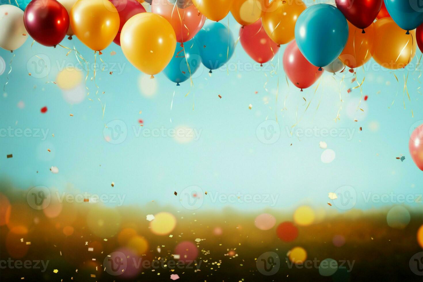 balões dentro vibrante cores em uma confete preenchido, feliz texturizado pano de fundo ai gerado foto