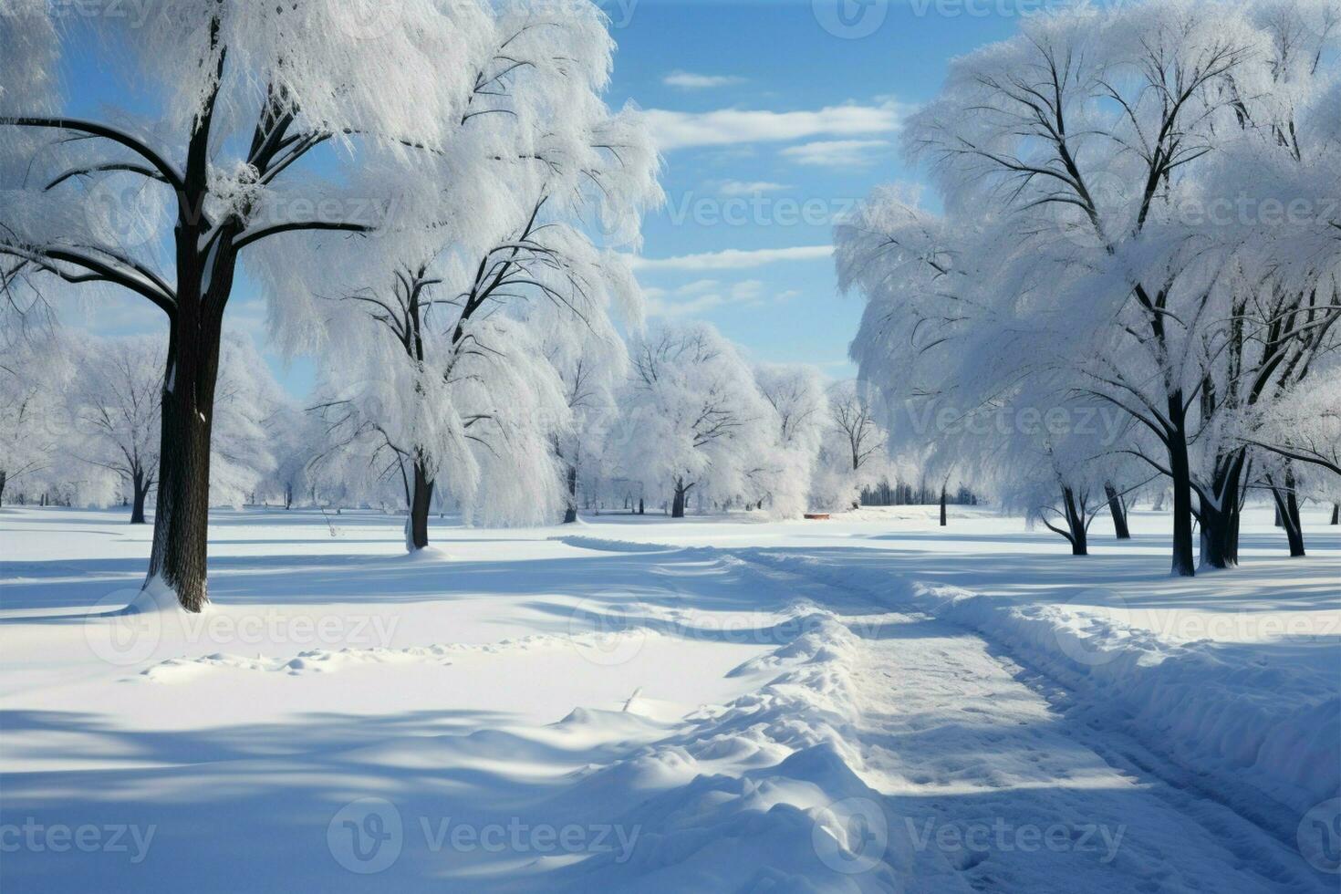 cidade parques neve coberto árvores dobrar, oferta uma texto pronto pano de fundo ai gerado foto