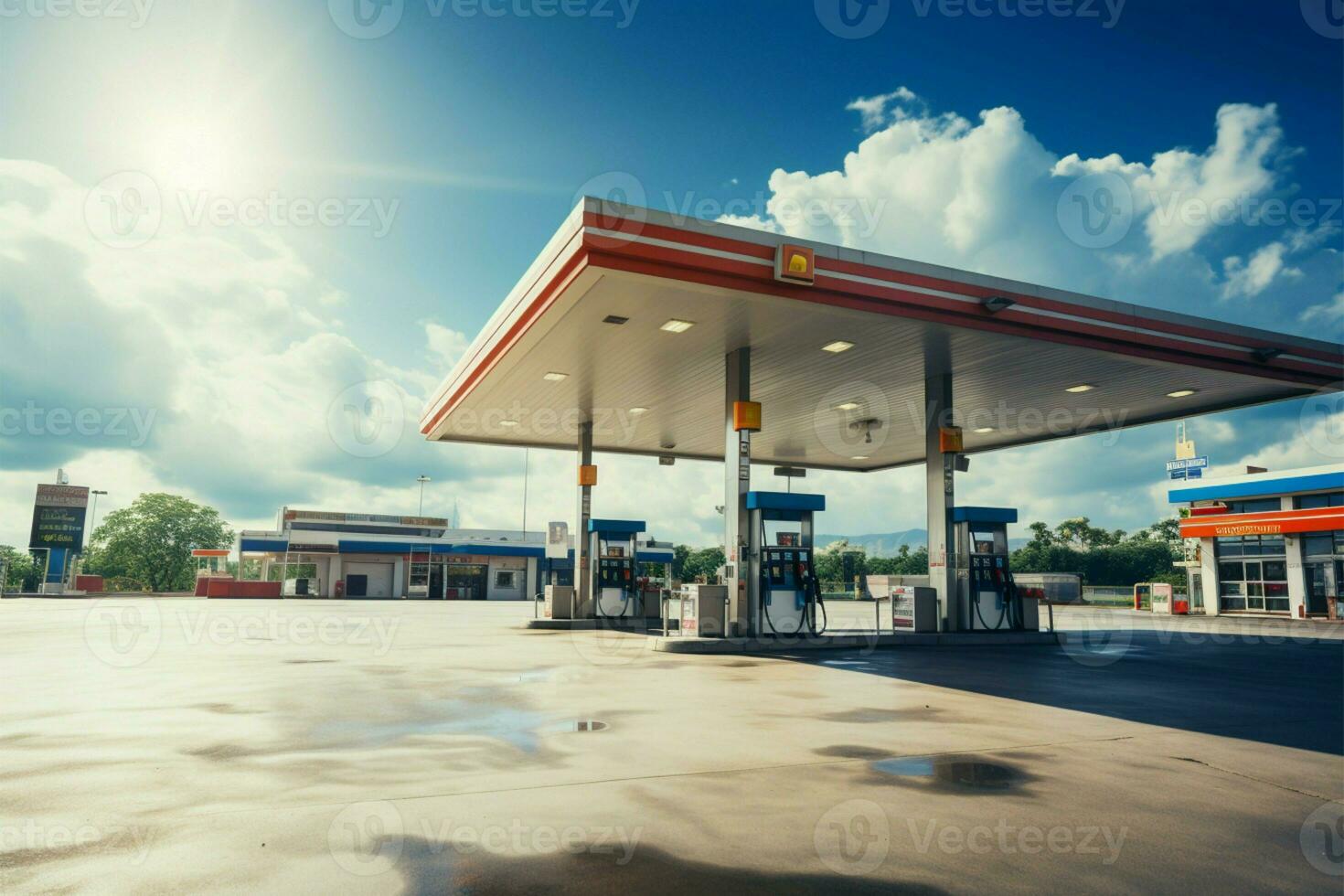 cênico Visão do uma gasolina gás estação contra uma azul céu com nuvens ai gerado foto