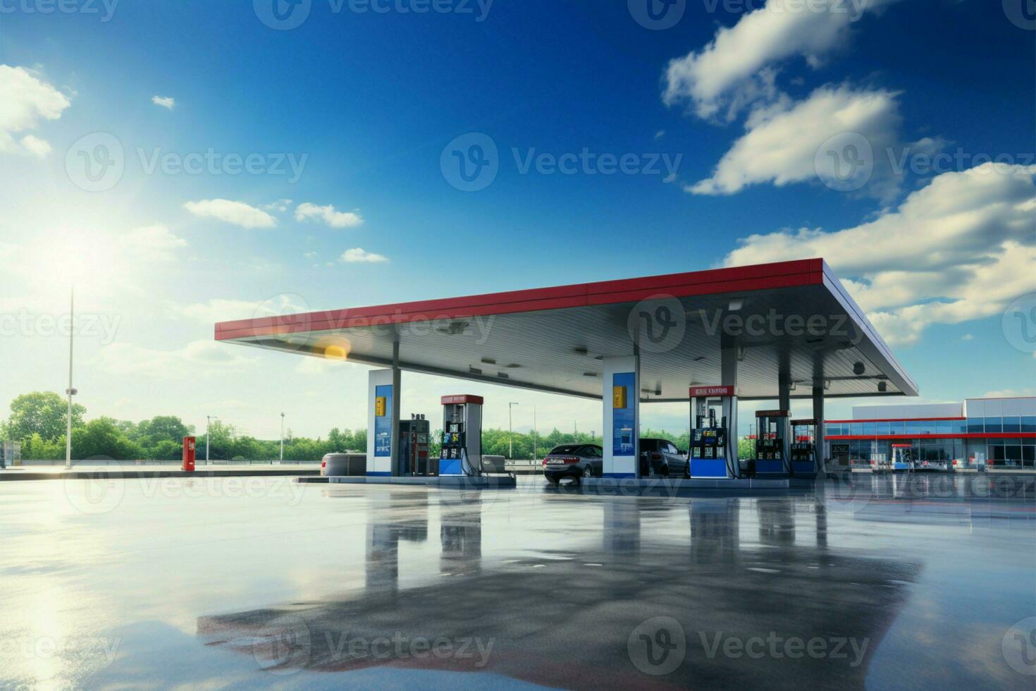 gasolina estação debaixo uma Claro azul céu e suave nuvem cobrir ai gerado foto