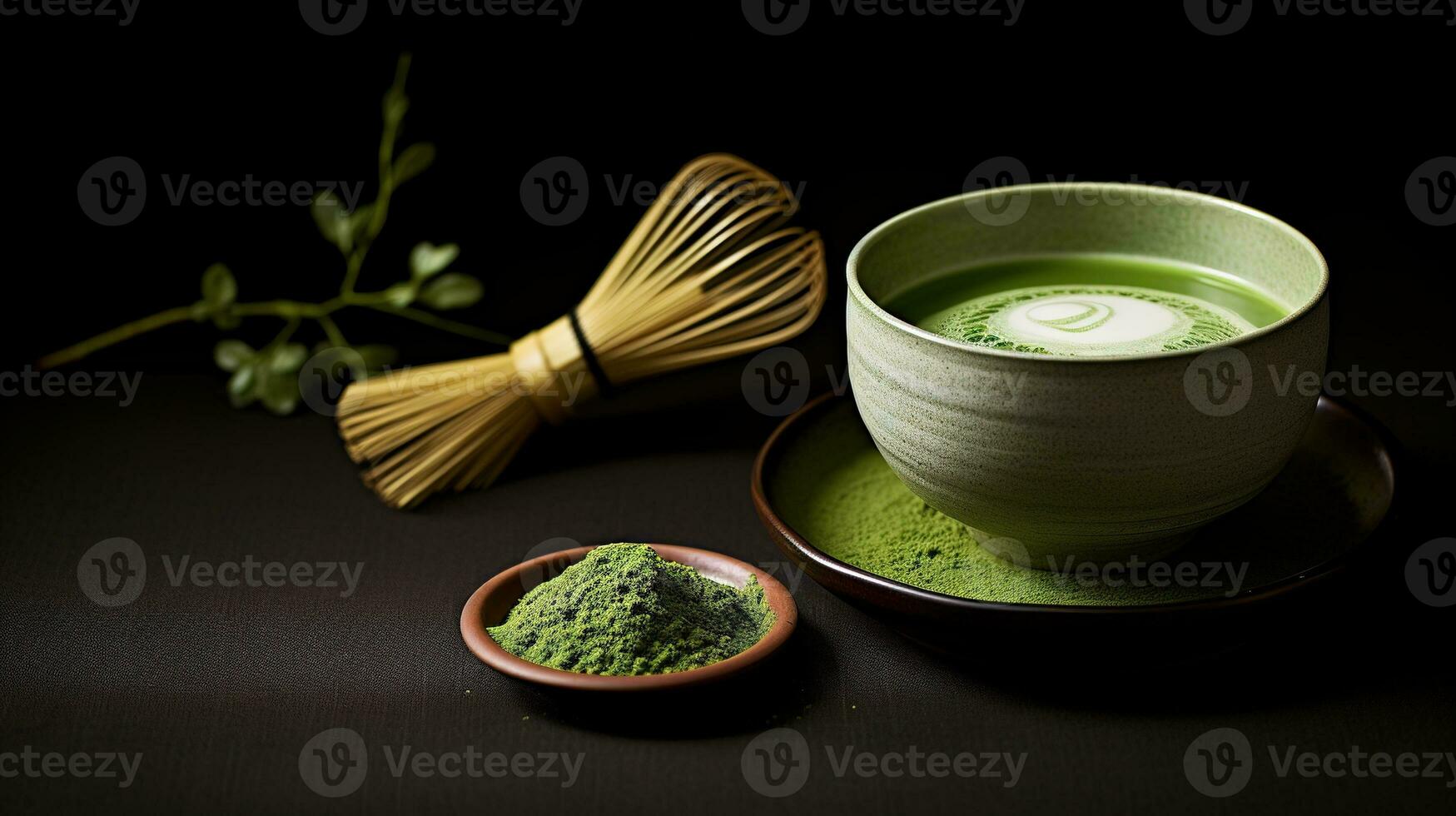 generativo ai, verde matcha chá pó e bebida, silenciado neutro cores. tradicional japonês chá foto