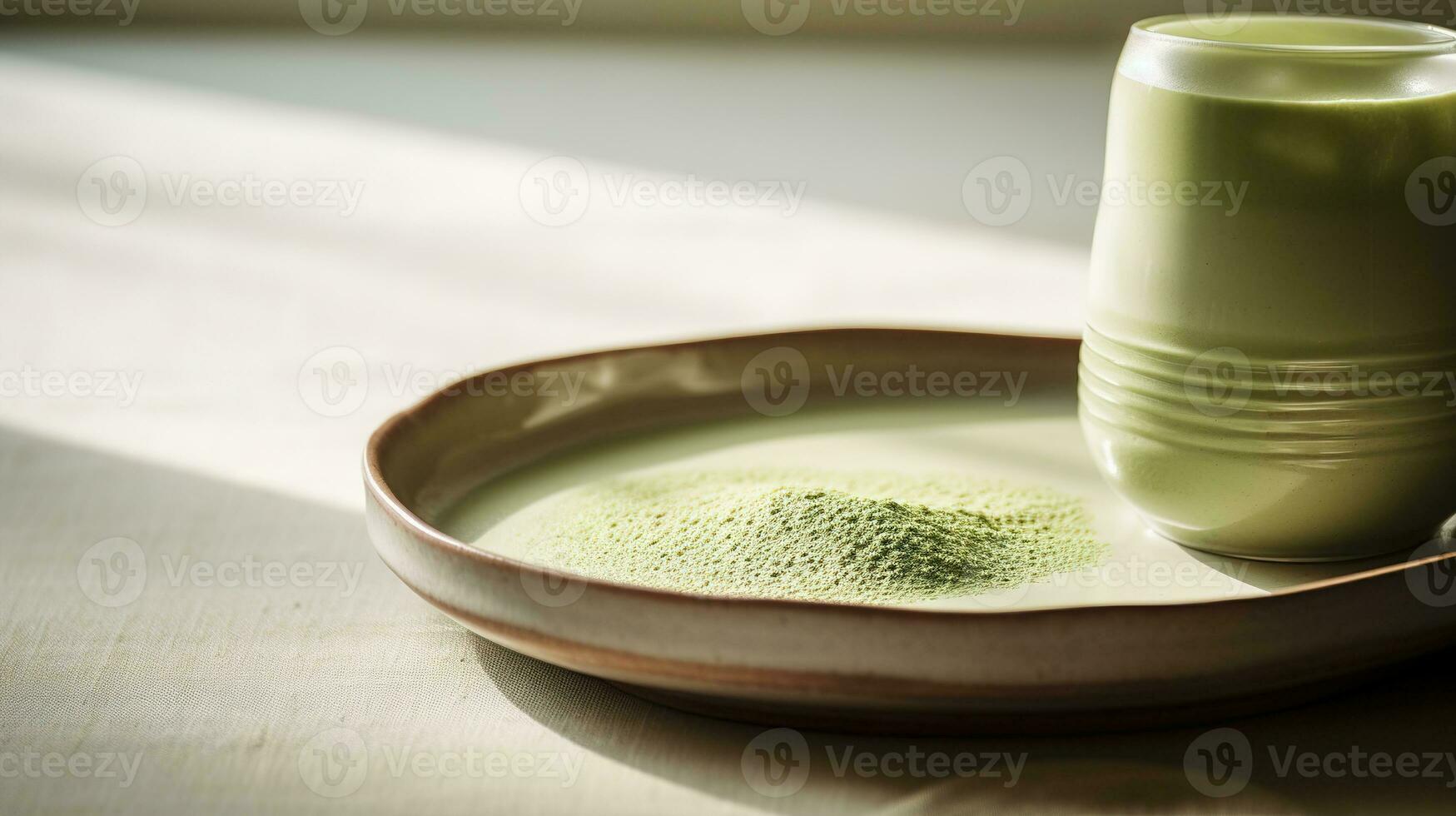 generativo ai, verde matcha chá pó e bebida, silenciado neutro cores. tradicional japonês chá foto