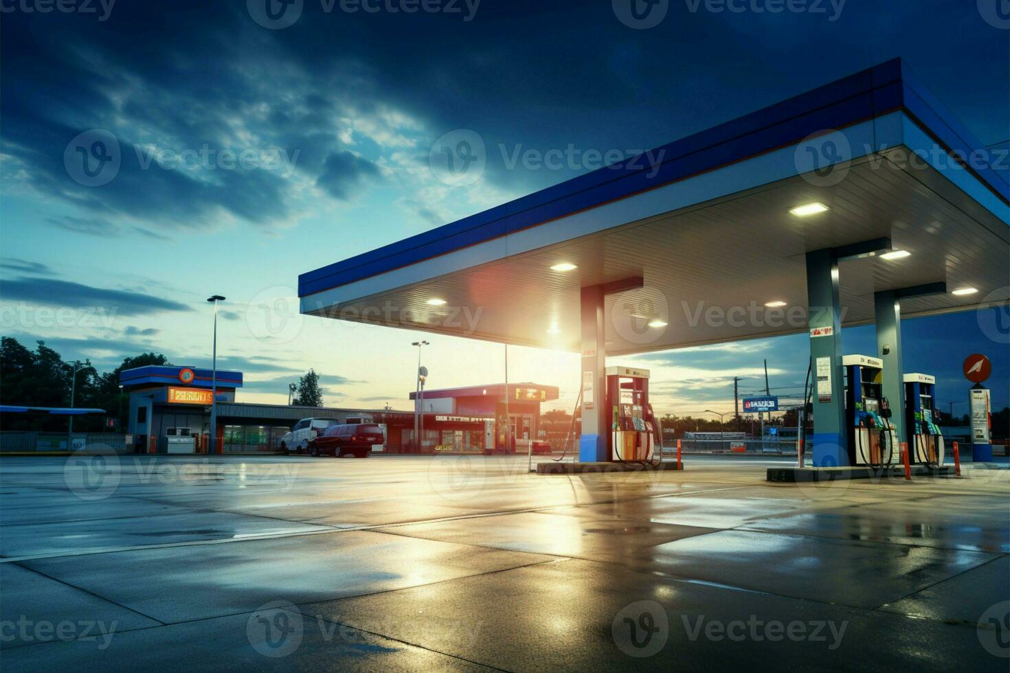 azul céu com fofo nuvens sobre uma gasolina gás combustível estação ai gerado foto