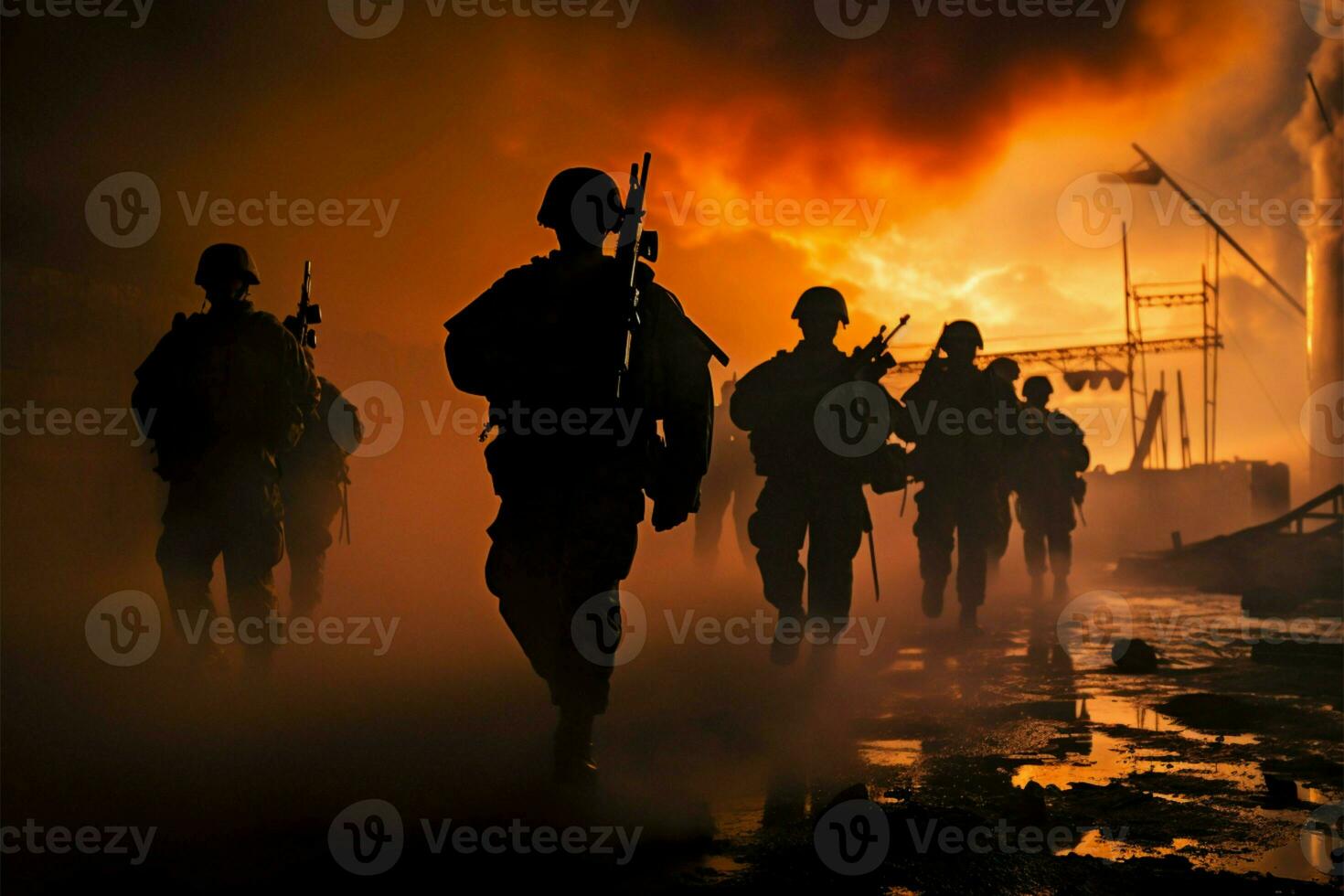 soldados silhuetas em meio a a pôr do sol névoa, se empenhar com rifles e máquina armas ai gerado foto