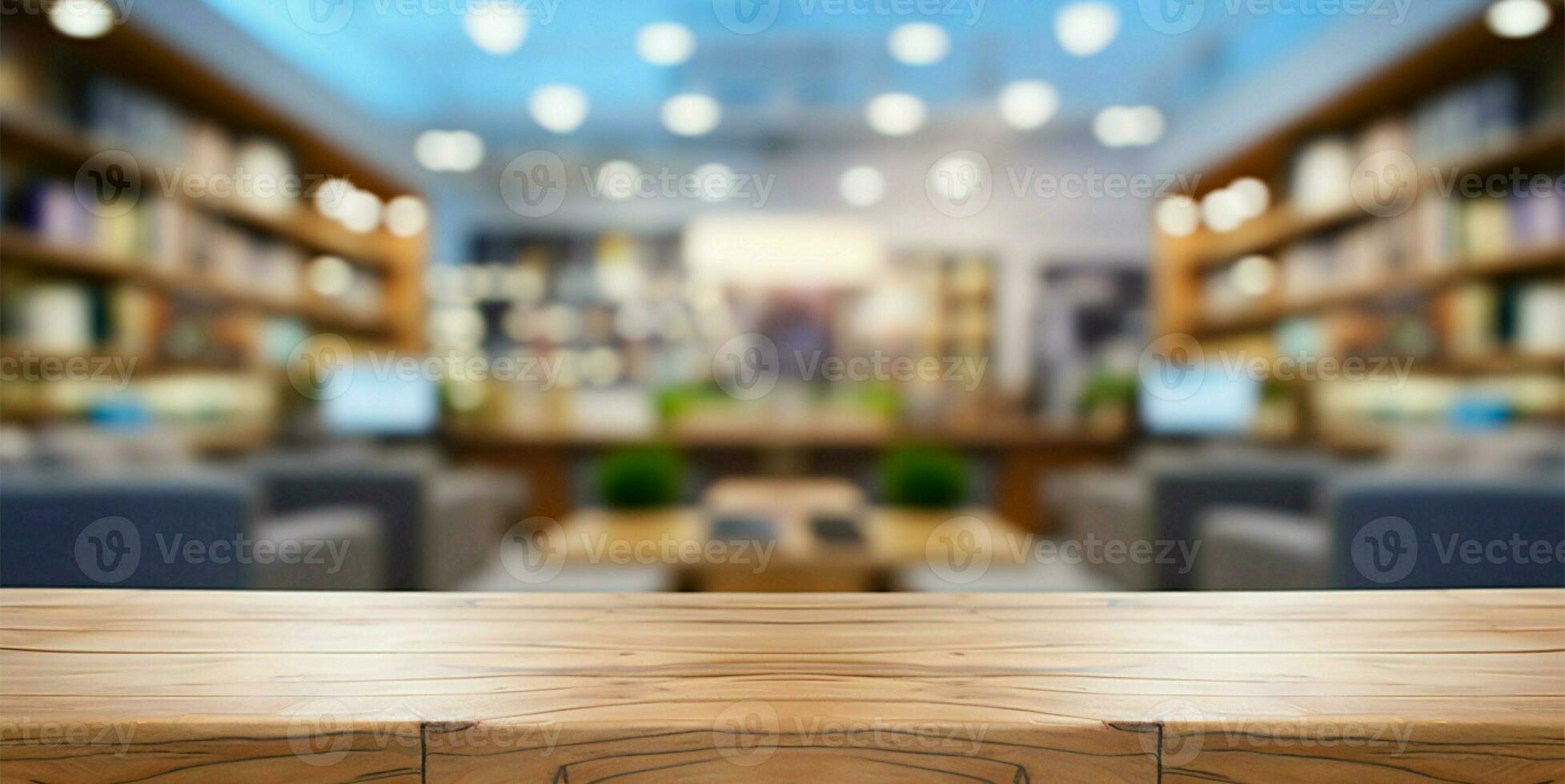 televisão departamento loja exibição com a esvaziar de madeira mesa primeiro plano ai gerado foto