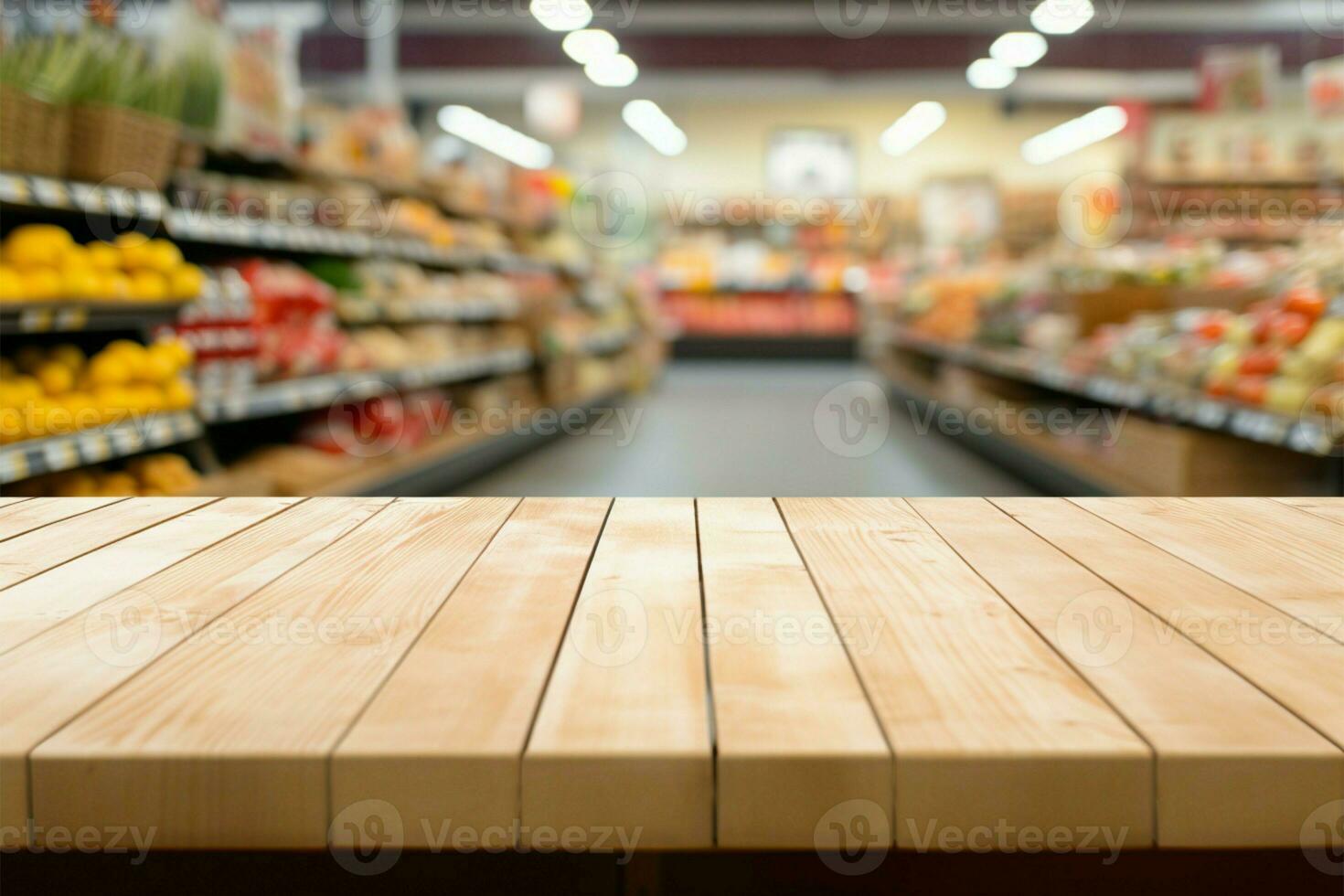 supermercado cena atrás a esvaziar de madeira mesa, ideal para produtos monitores ai gerado foto