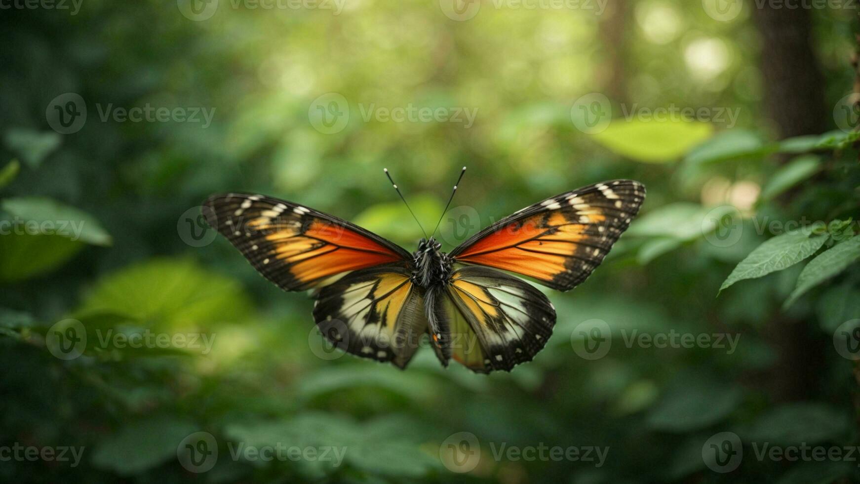 natureza fundo com uma lindo vôo borboleta com verde floresta ai generativo foto