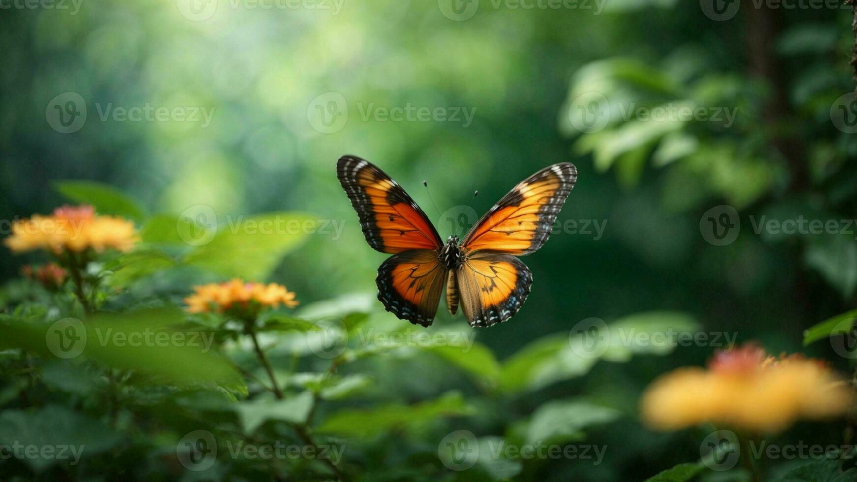 natureza fundo com uma lindo vôo borboleta com verde floresta ai generativo foto