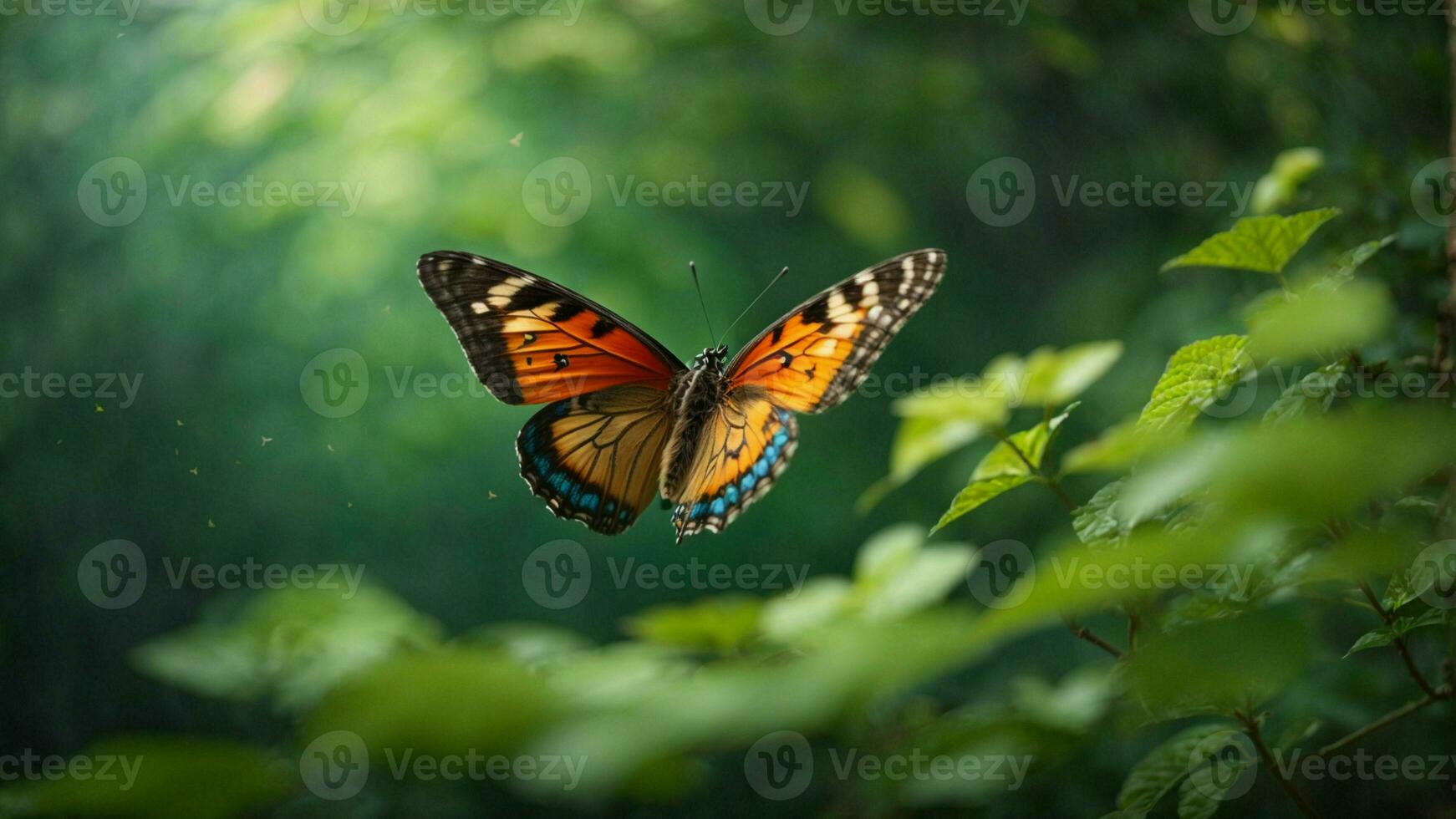 natureza fundo com uma lindo vôo borboleta com verde floresta ai generativo foto