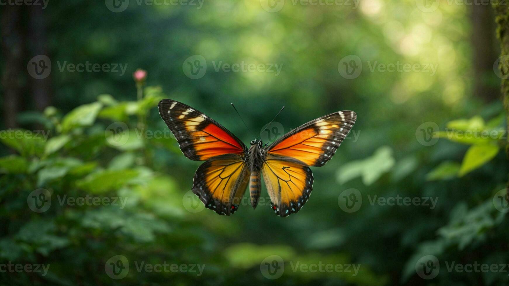 natureza fundo com uma lindo vôo borboleta com verde floresta ai generativo foto