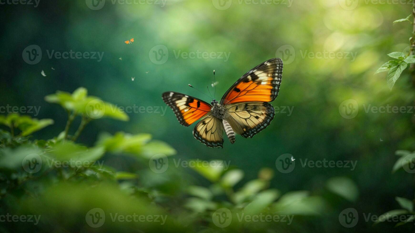 natureza fundo com uma lindo vôo borboleta com verde floresta ai generativo foto