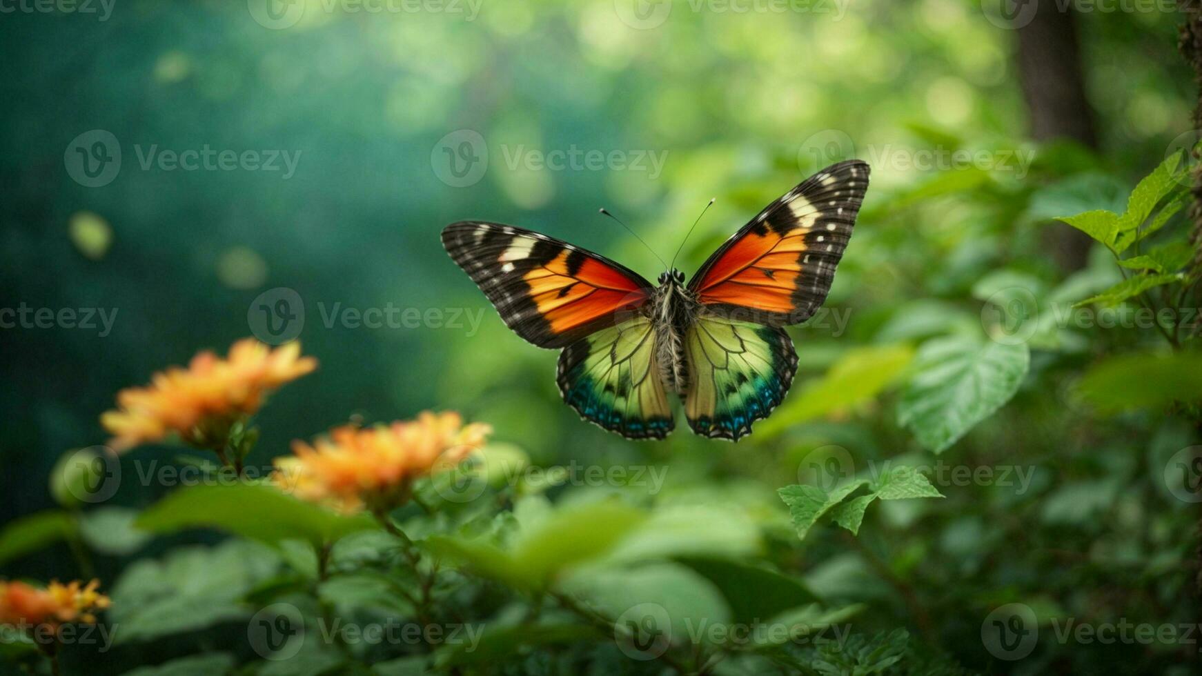 natureza fundo com uma lindo vôo borboleta com verde floresta ai generativo foto