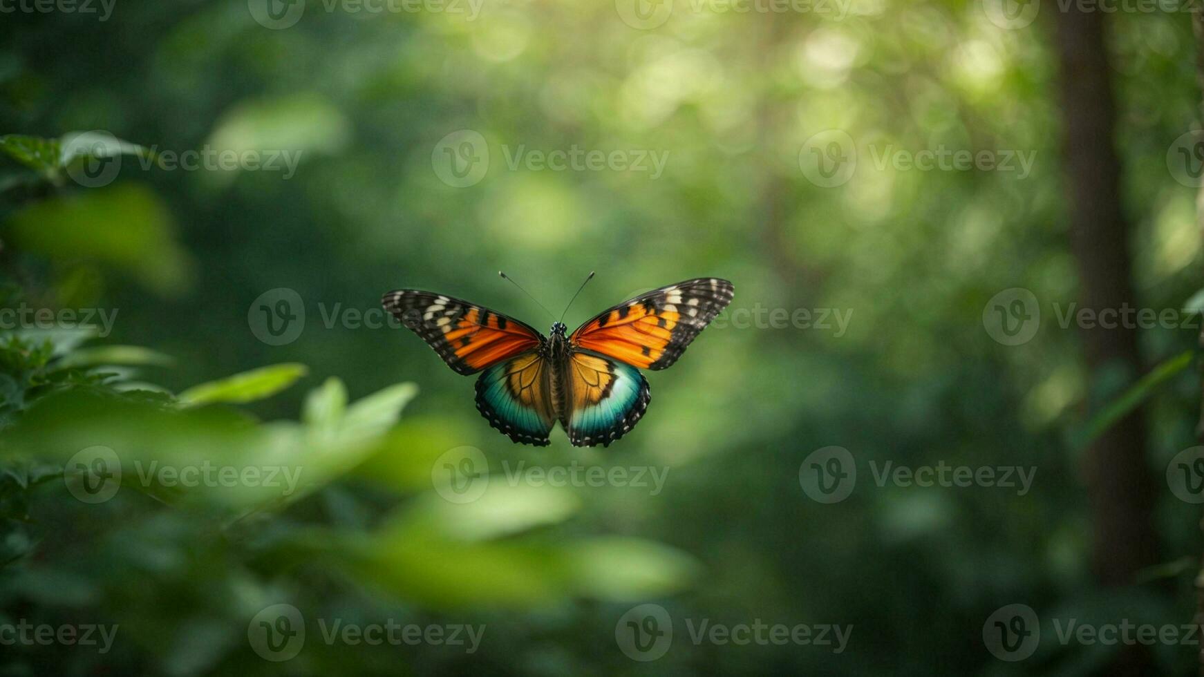 natureza fundo com uma lindo vôo borboleta com verde floresta ai generativo foto