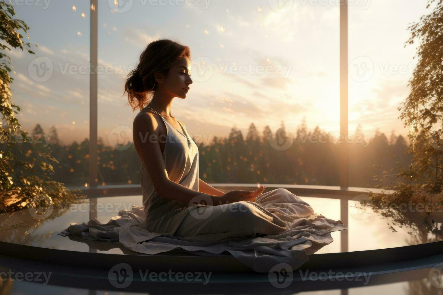 jovem mulher sentado e meditando em a teto, criada com generativo ai foto