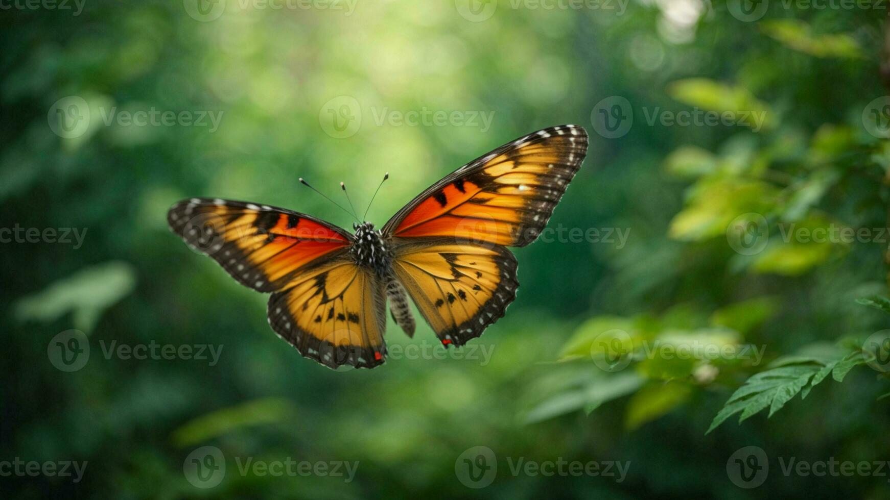 natureza fundo com uma lindo vôo borboleta com verde floresta ai generativo foto