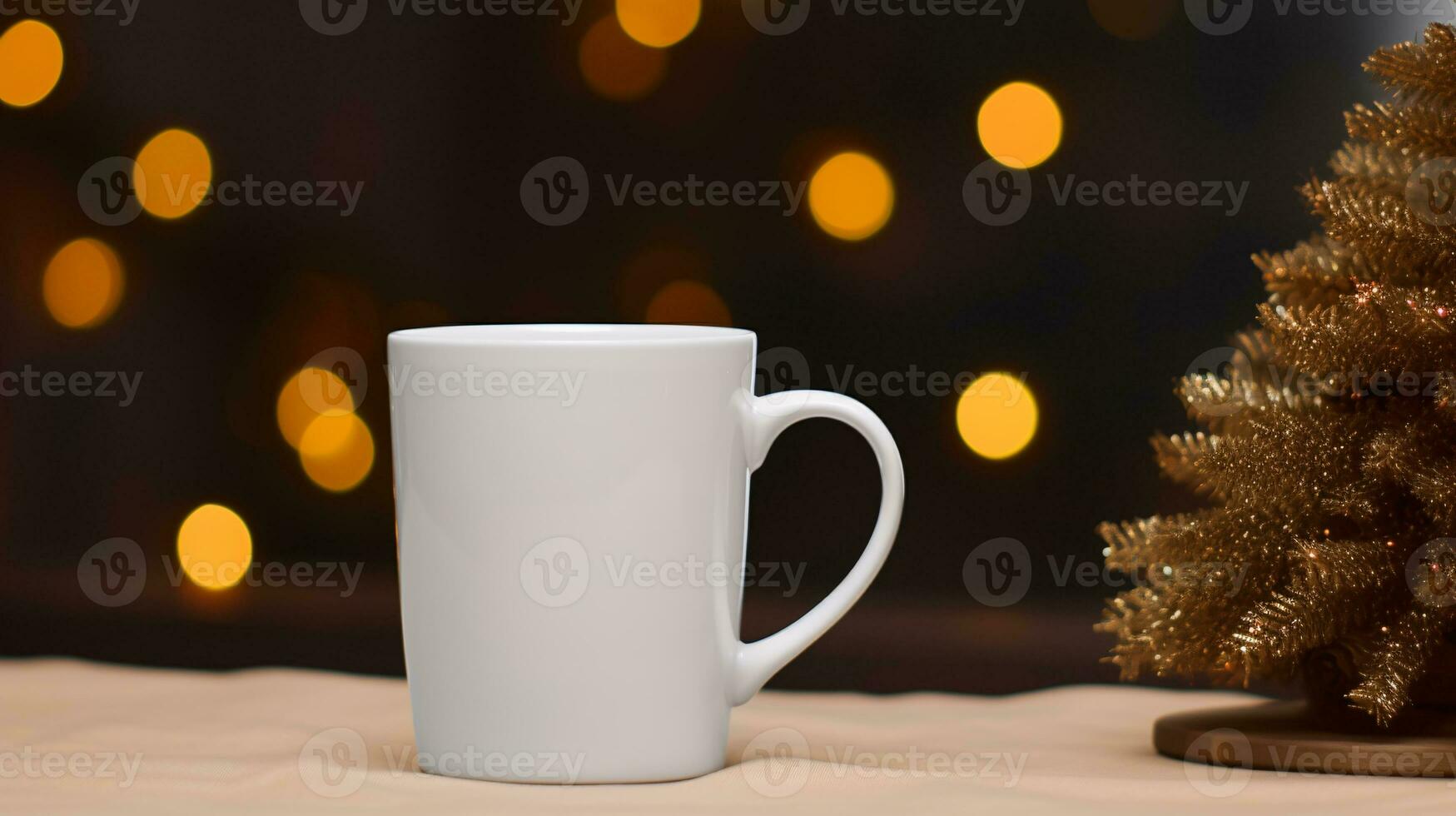 ai generativo branco Natal café copo zombar acima com Natal luzes bokeh fundo foto