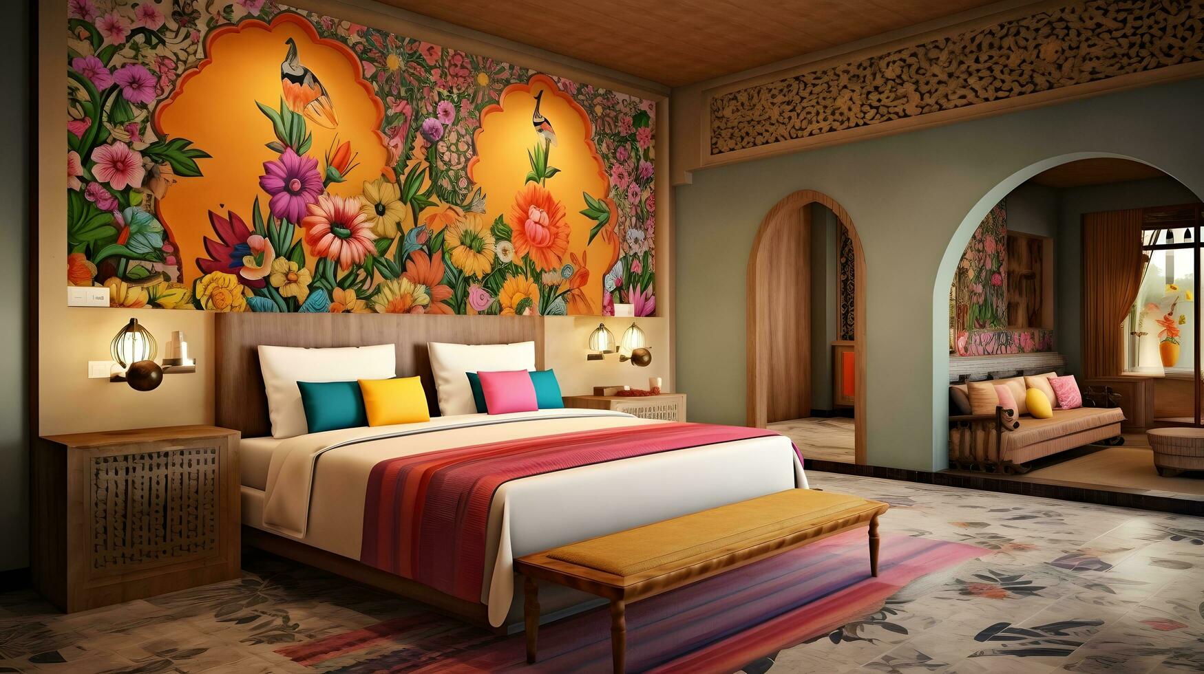floral quarto com de madeira teto e arqueado porta foto