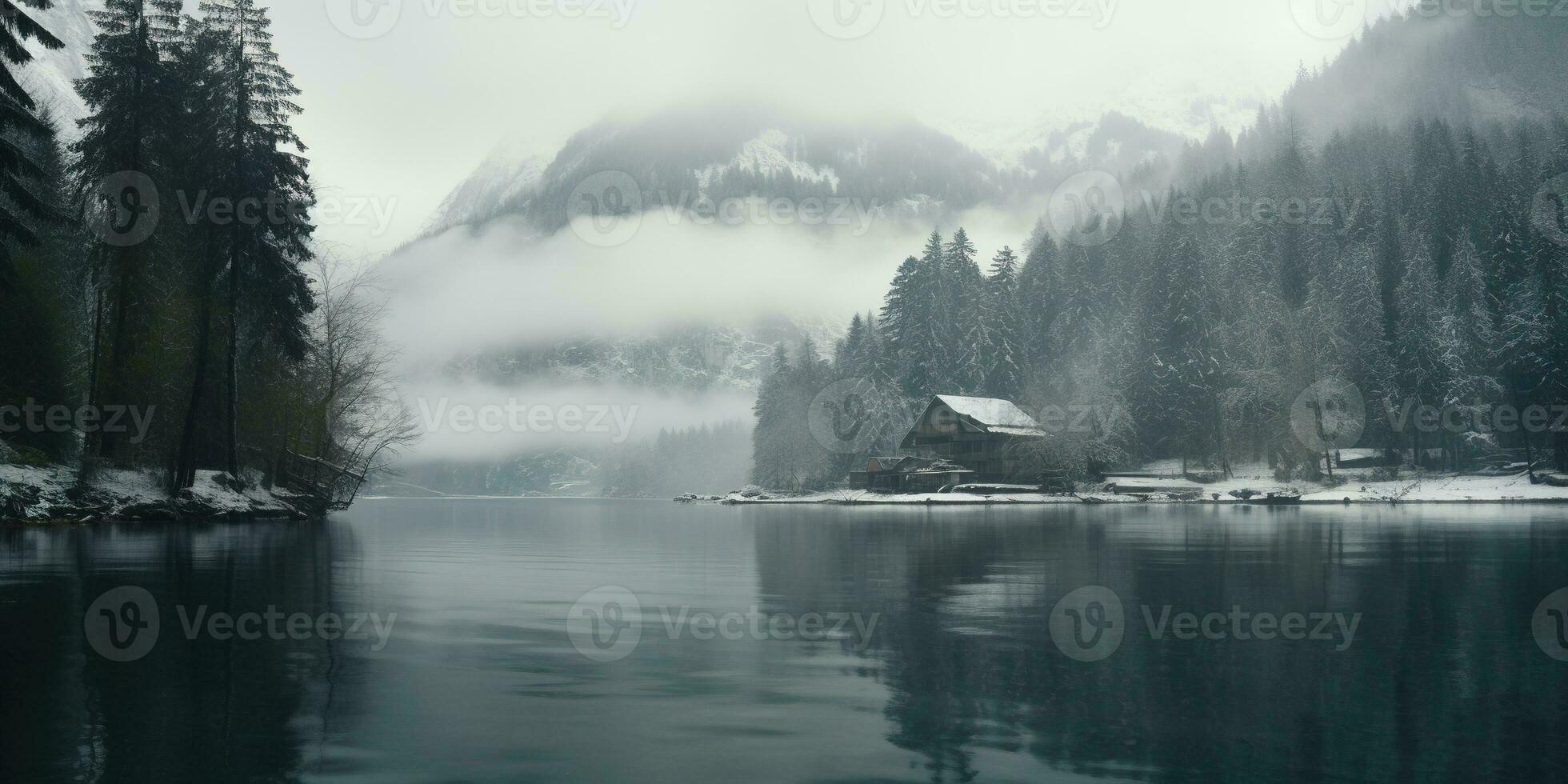 generativo ai, inverno estético panorama com casa panorama, silenciado neutro cores, floresta e montanhas.. foto