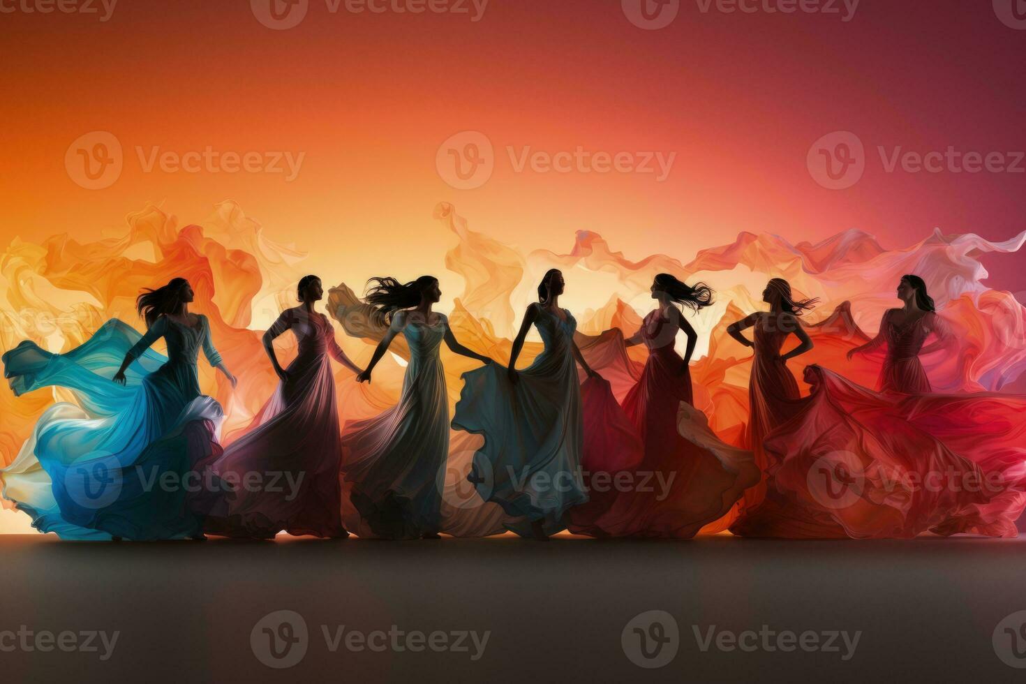 étnico dançarinos dentro movimento isolado em uma gradiente fundo do flamenco vermelho hula azul salsa laranja e balé Rosa foto