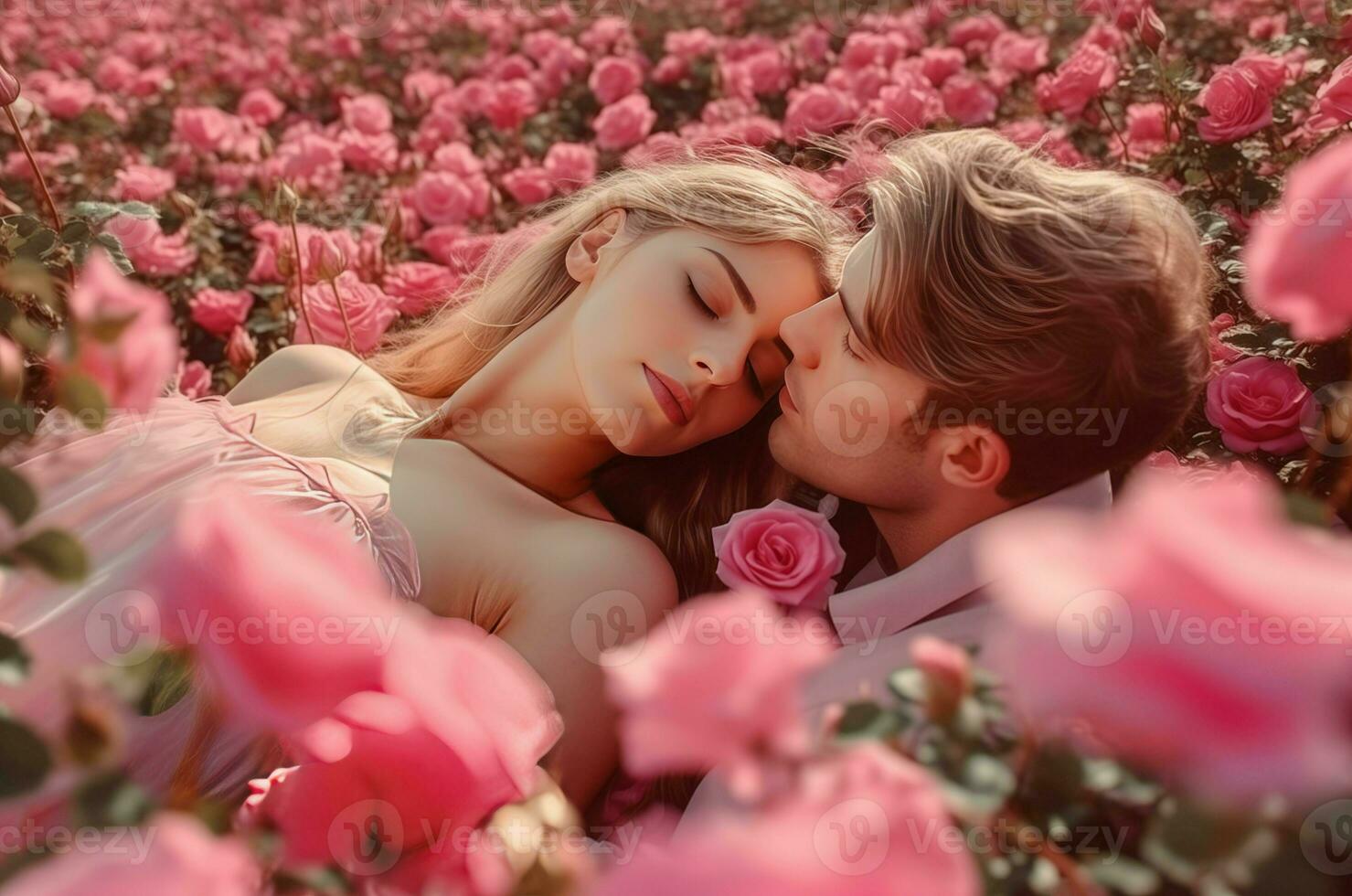casal romântico dentro rosas flores campo panorama. gerar ai foto