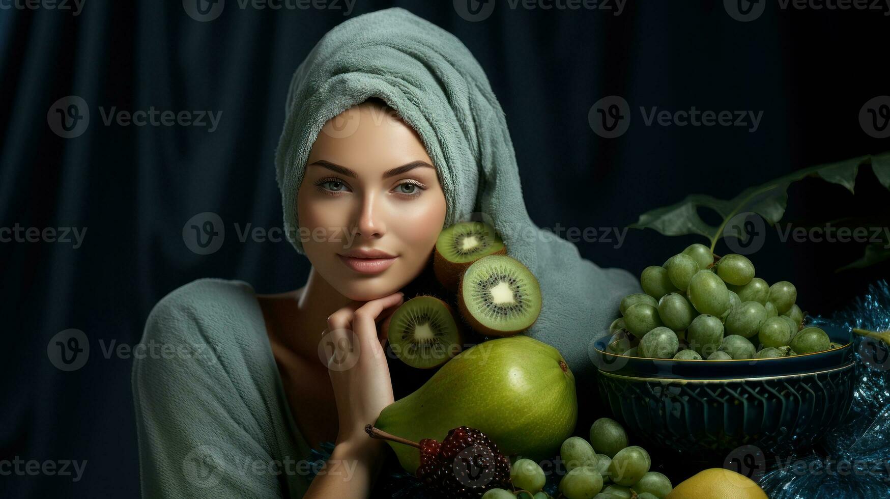 retrato do uma lindo jovem mulher com uma verde toalha em dela cabeça, cercado de fresco frutas. foto