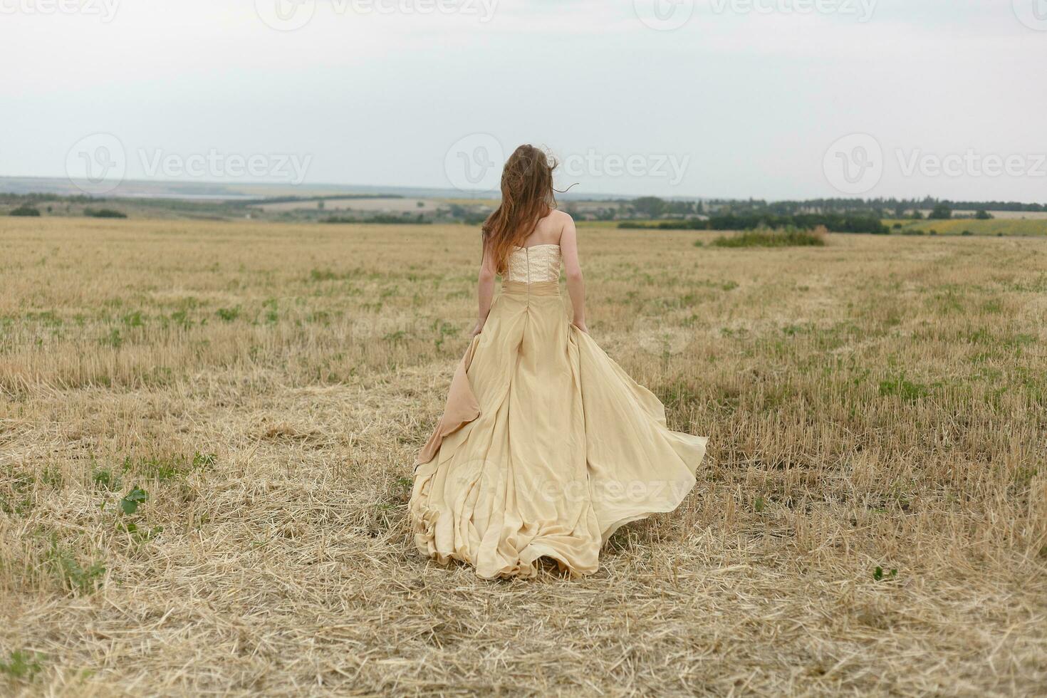 mulher caminhando dentro dourado seco Relva campo. foto