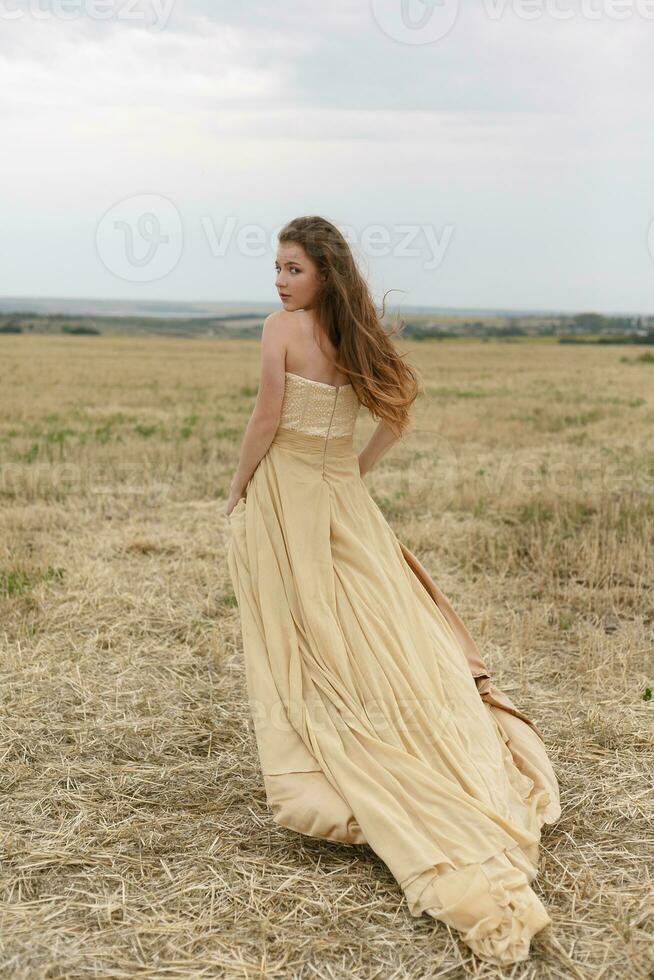 mulher caminhando dentro dourado seco Relva campo. foto