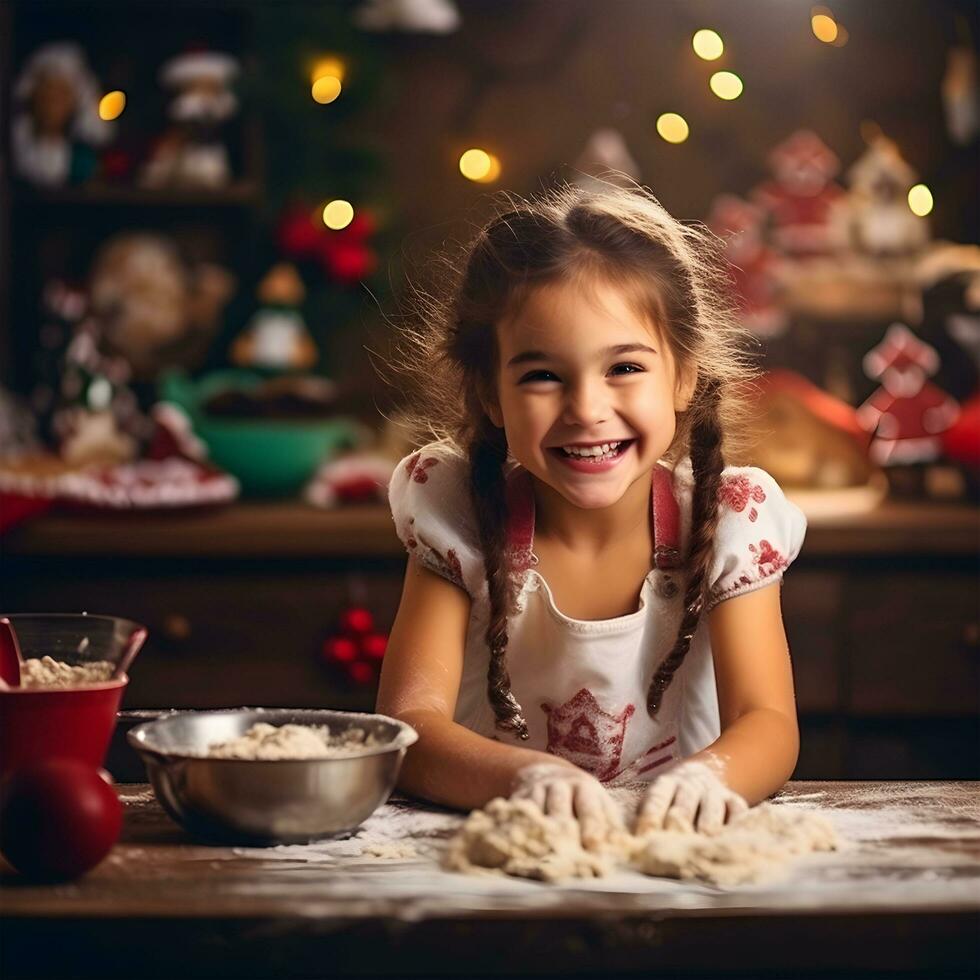 festivo cozimento deleite alegre pequeno menina criando Natal biscoitos dentro uma acolhedor casa cozinha. ai generativo foto