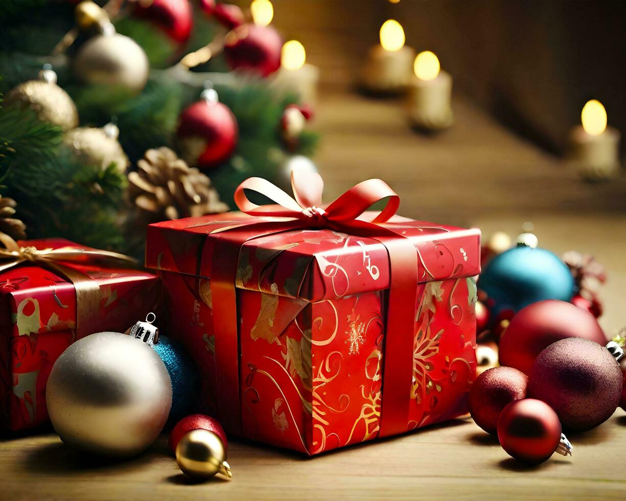 uma vermelho Natal caixa e Natal decorações. ai generativo foto