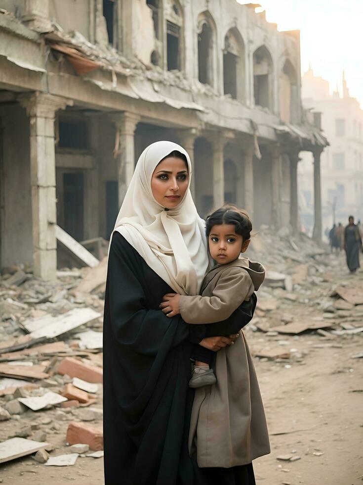 mulheres e crianças tornar-se vítimas do guerra contra a pano de fundo do uma destruído cidade, ai gerado. foto