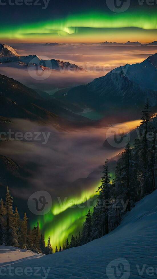 panorama com montanhas e aurora foto