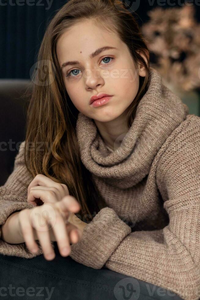 pequeno menina dentro Castanho suéter foto