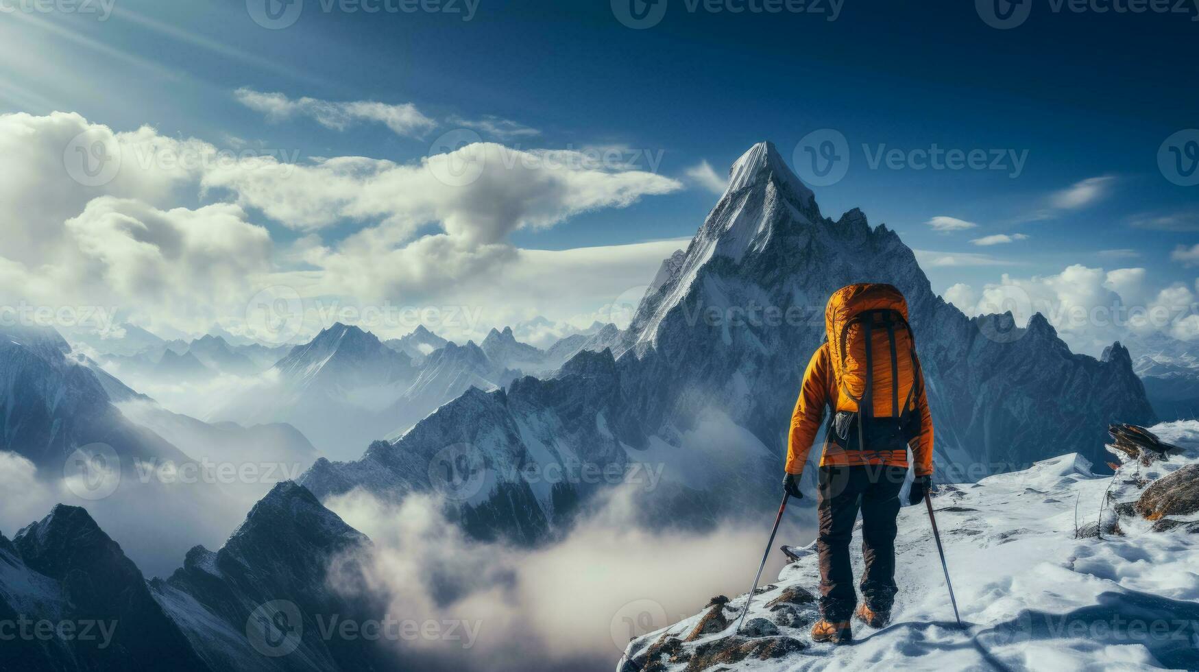esqui alpinista alcançando desafiador inverno pico fundo com esvaziar espaço para texto foto