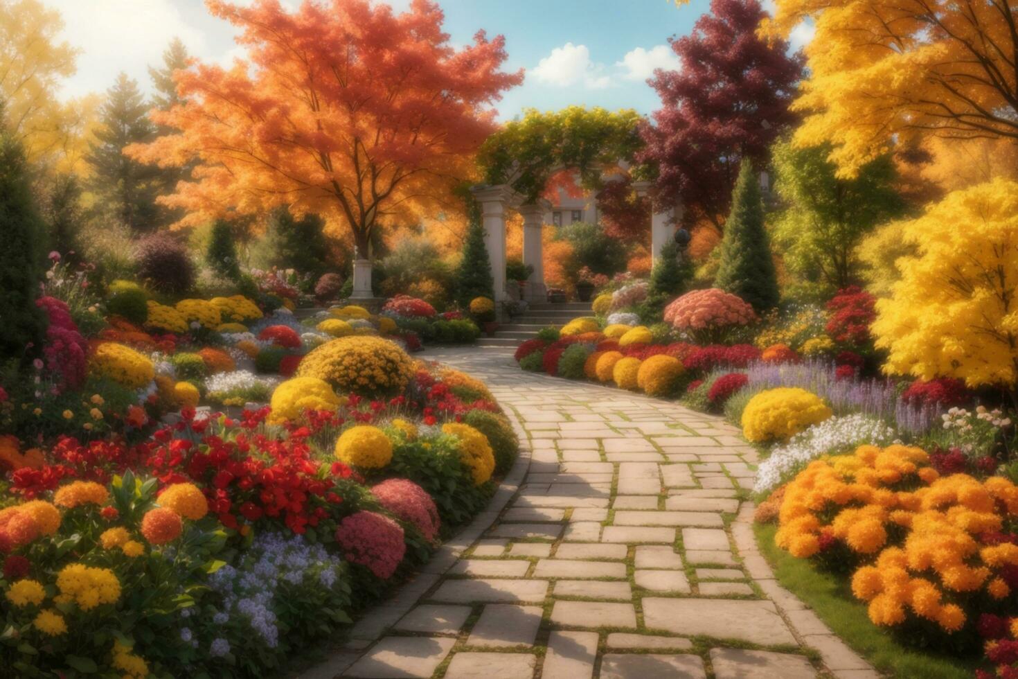 uma lindo jardim com colorida flores e árvores ai generativo foto