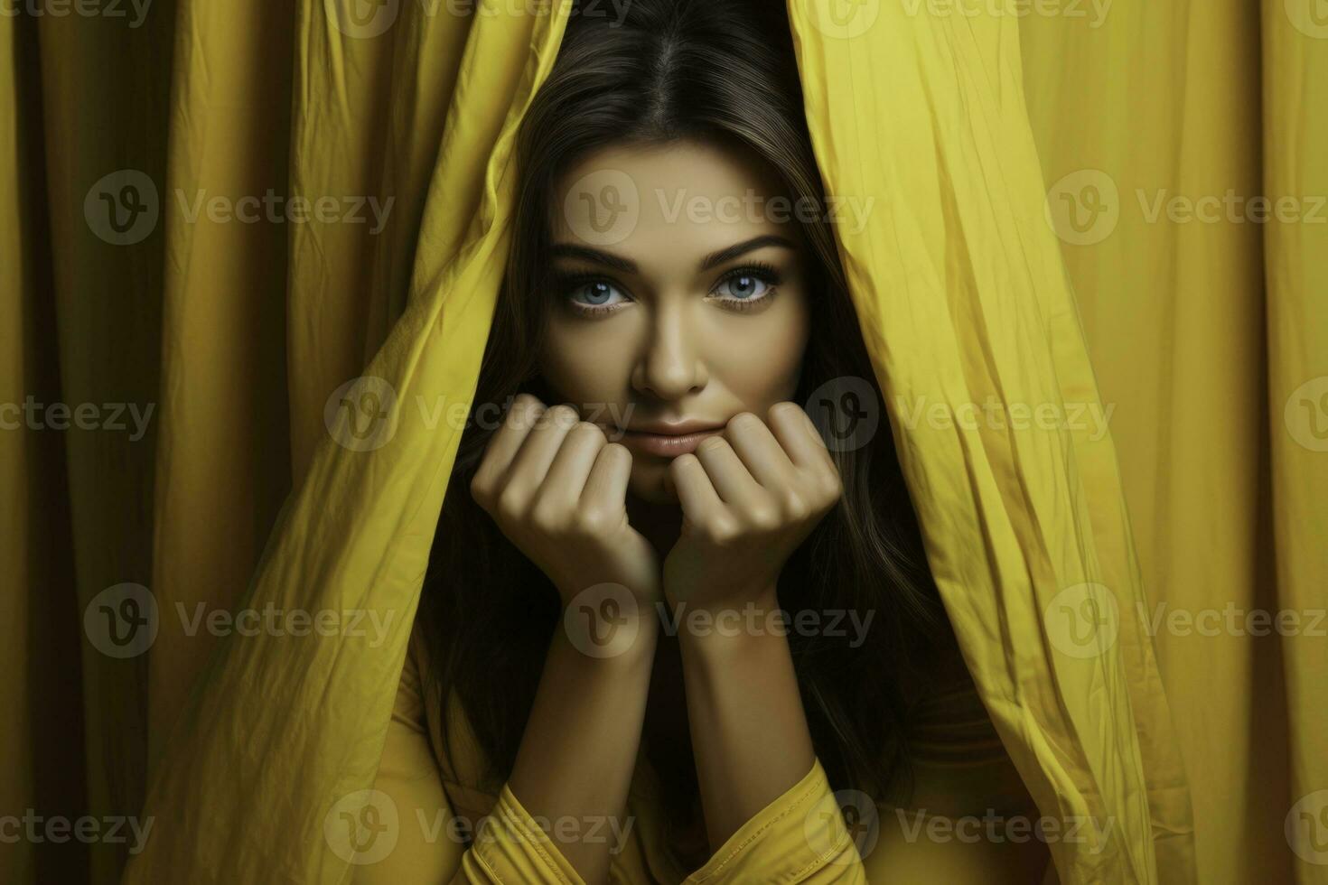 uma mulher desmascarando dela escondido emoções isolado em uma amarelo gradiente fundo foto